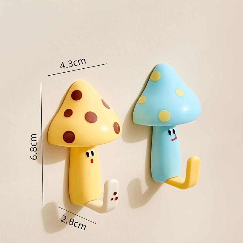 Set of 4Cute Cartoon Mushroom-Shaped Hooks, Self-Adhesive And No-Drill Wall-Mounted Hooks, Creative Key Holders, Coat And Towel Storage Racks, Bathroom And Kitchen Wall Decor (Blue + Yellow)
