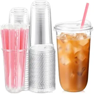 50 Sets Clear Plastic Cups with Heart Shaped Pink Straws and Strawless Lids Disposable Round Bottom Cups for Iced Coffee Cold Beverage Party Wedding Bridal Shower (Clear,20 oz)DD16MunchMingle