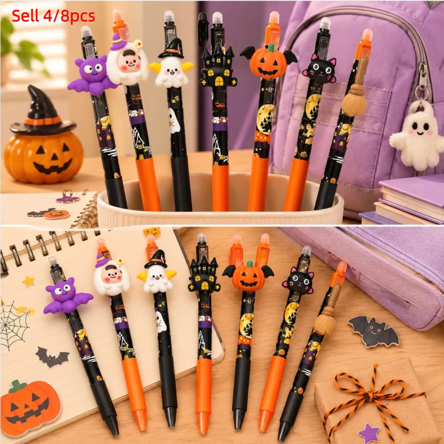 4/8PCS Halloween Erasable Gel Pen Set, 3D Ghost, Pumpkin & Witch Pendant Pens, 0.5mm Smooth Writing Stationery for School, Journaling & Halloween Gifts，back-to-school gift