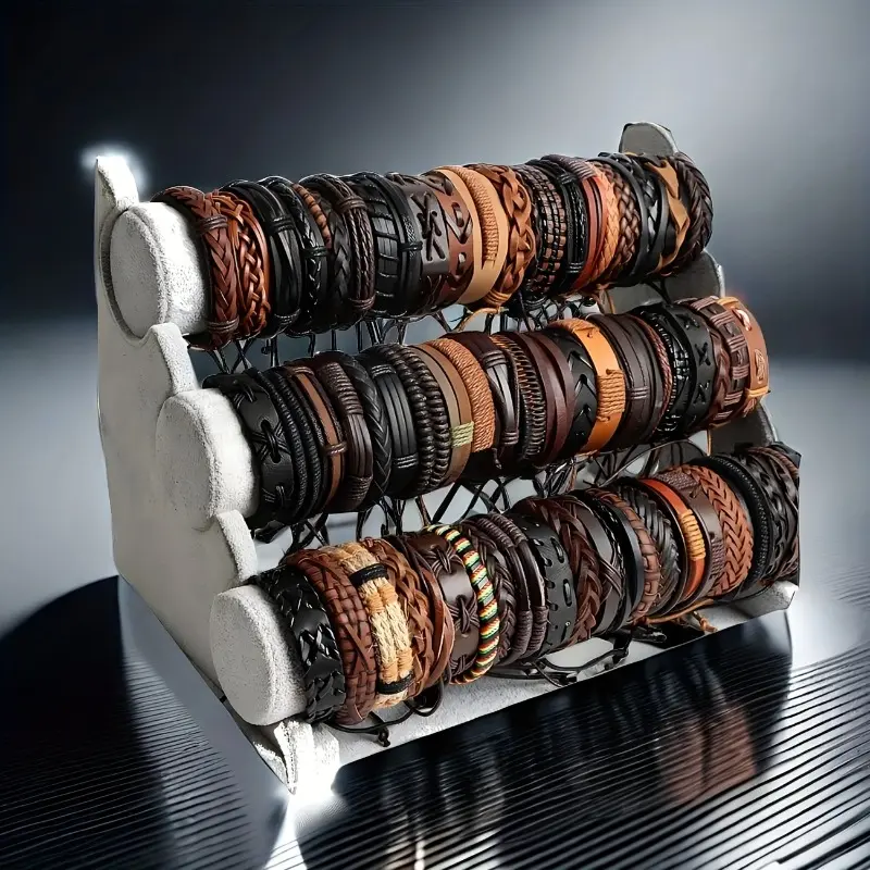 Men's Vintage 18Pcs Wooden Beads Woven Bracelet - PU Leather, Synthetic Fiber Cord, Unisex Fit, Everyday Wear, Valentine's Day Gift for Boyfriend, Casual & Party Fashion Jewelry