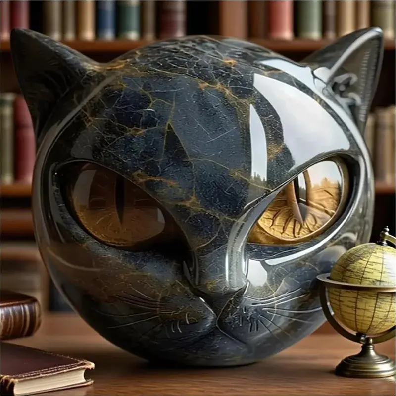Decorative Resin Black Cat Head Figurine with Marble Texture, Healing Stone Keepsake, Cat Lover Gift for Office Desk or Home Table Home Decor Statue