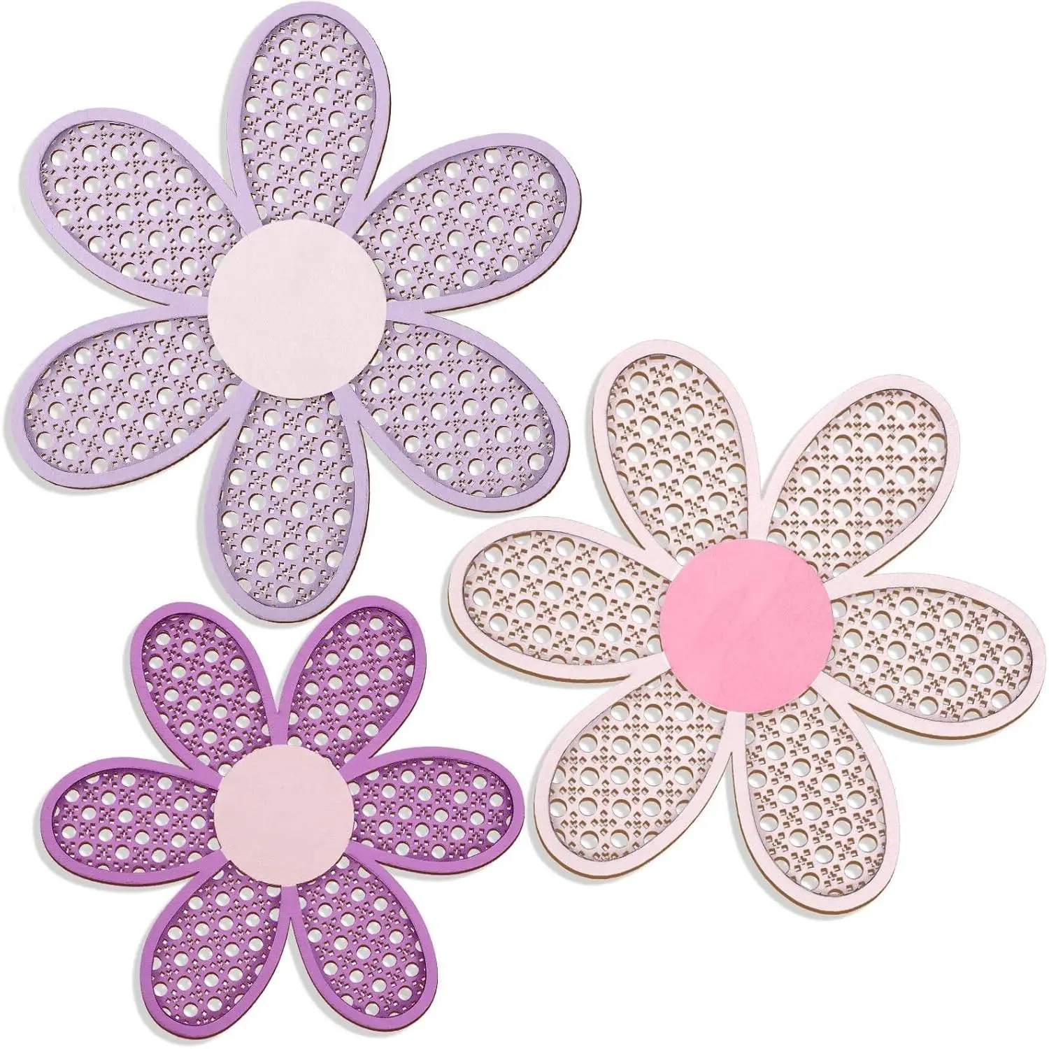 3 Pieces Boho Daisy Wall Decor Natural Rattan Flower Wall Hanging Art Wooden Boho Art Nursery Flowers Farmhouse Hanging Decor for Home Office Nursery(Pink, Purple)