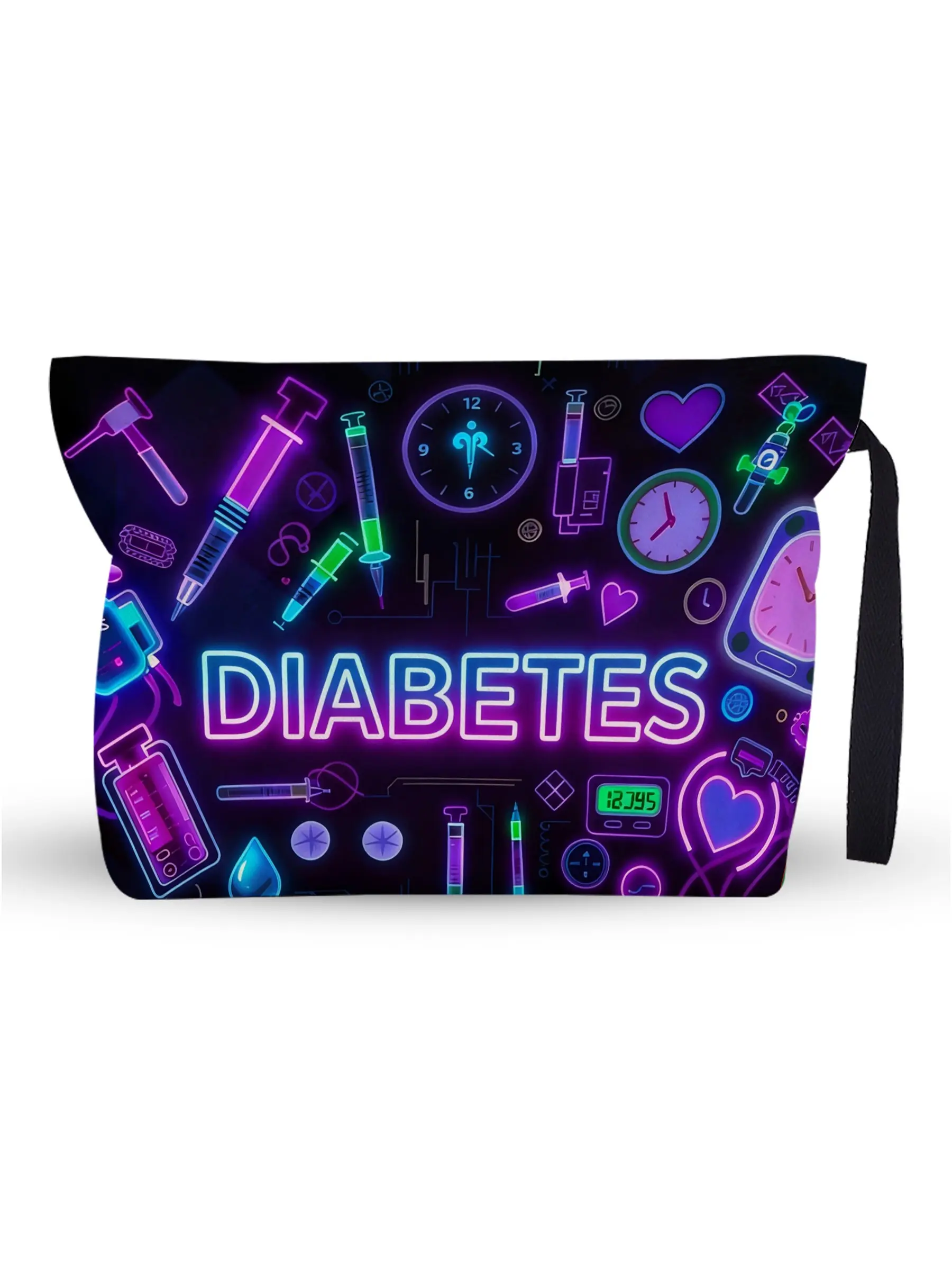 "Diabetes" Neon Medical Organizer Pouch - Large Capacity Travel, Canvas Toiletry Bag with Wrist Strap & Lining, Practical Gift for Diabetics - Great for Awareness Occasions, Christmas, Birthday, Storing Glucose Meter, Test Strips & Supp
