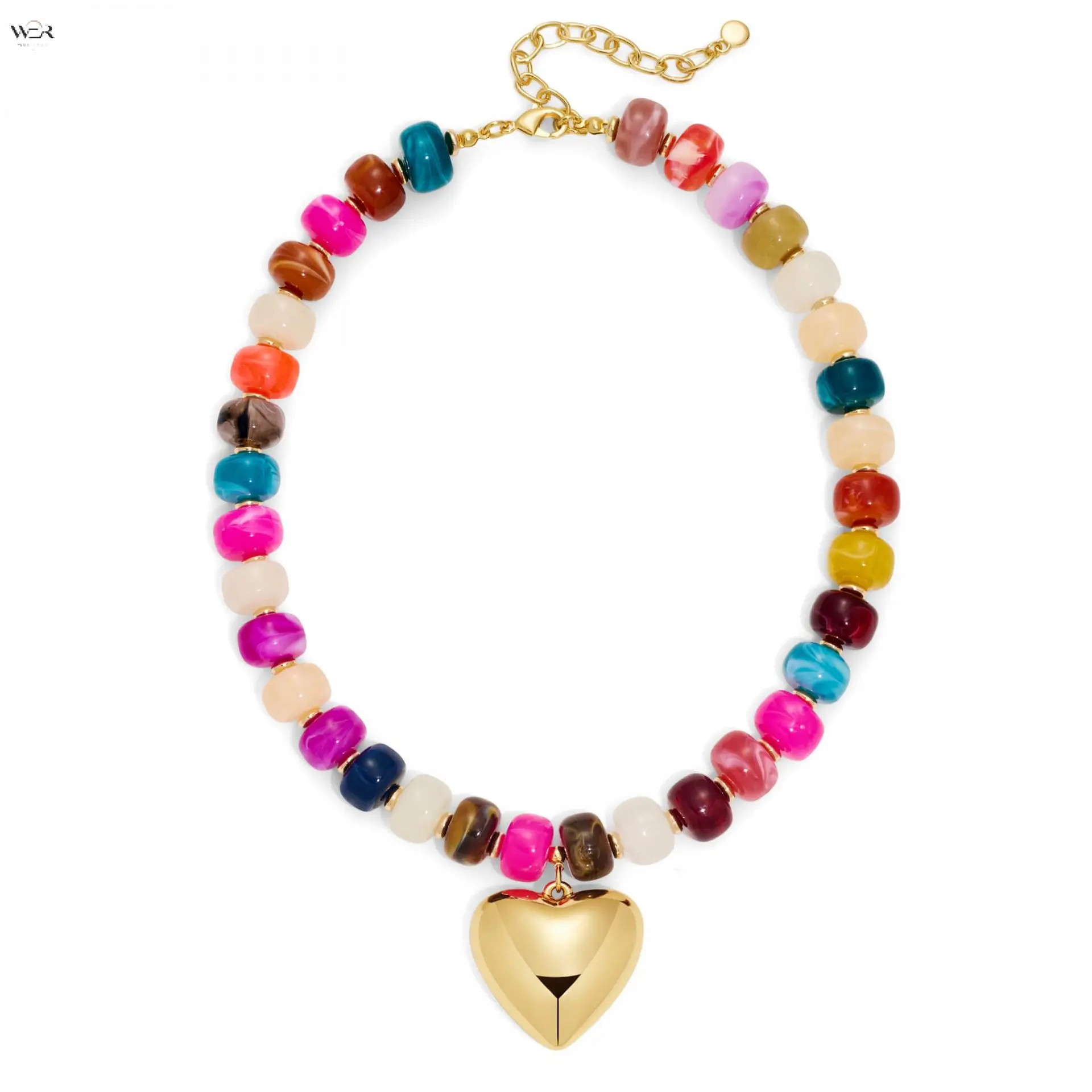 Multi-Color Faceted Stone Beaded Choker Necklace 43cm+5cm Extender, Gold 3D Heart Pendant, 20+ Color Variants Bohemian Stackable Neck Jewelry for Daily Casual & Festival Styling