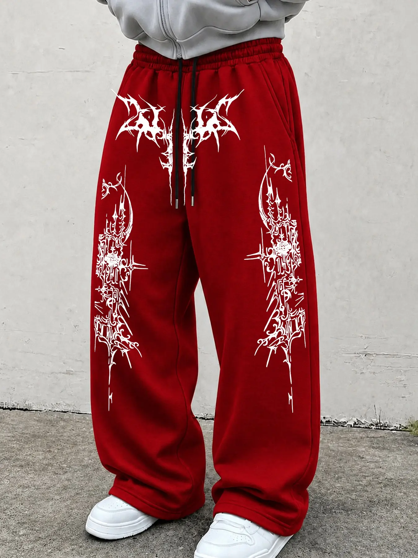 Unisex Black Gothic Graphic Wide Leg Sweatpants, Tribal Tattoo Print Drawstring Baggy Pants, Loose Fit Y2K Streetwear Trousers for Fall Winter#UnisexPants #GothicPants #GraphicSweatpants #TribalGraphic #TattooPrint#WideLegPants #BaggyPants #DrawstringPant