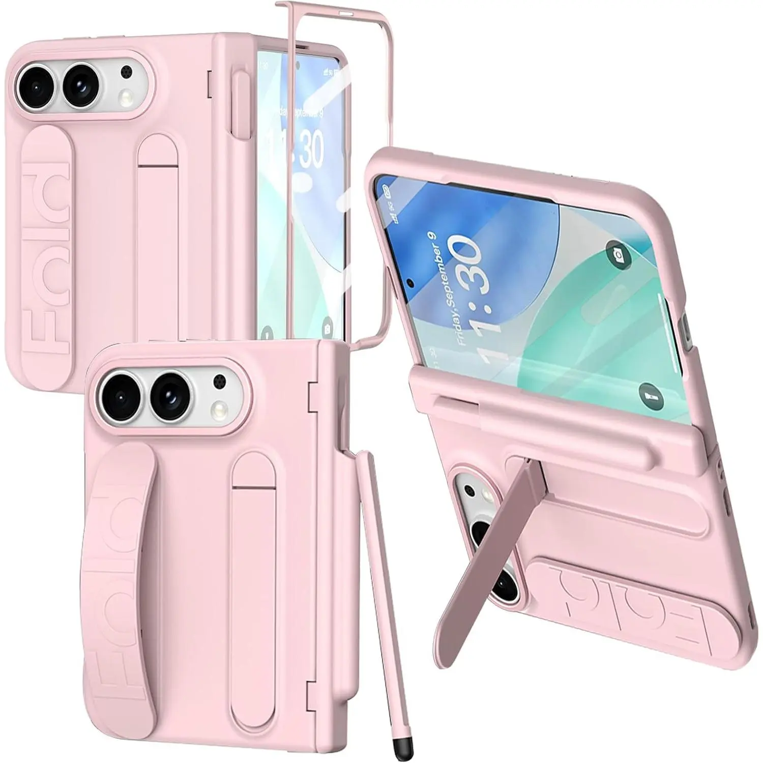 for iPhone Duo Case with Pen Holder & Stylus & Finger Strap Pink