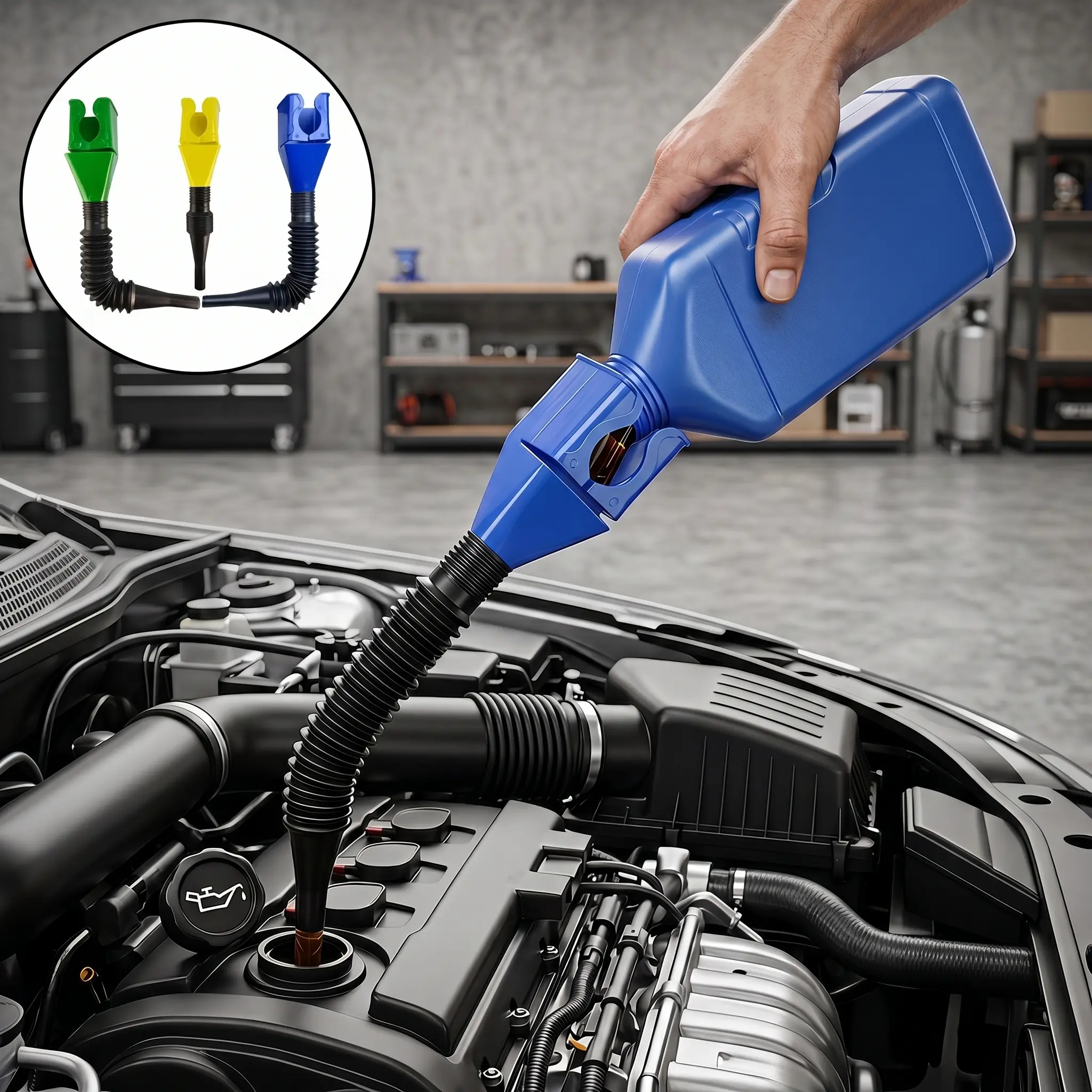 Multifunctional Flexible Car Oil Funnel, Retractable Splash Proof Auto Fluid Filler with Snap On Clamp, Color Coded Adapters, for Car Truck Motorcycle Owners, Automotive Maintenance Tools, Engine Oil Coolant Brake Fluid Refill Accessory-YY0