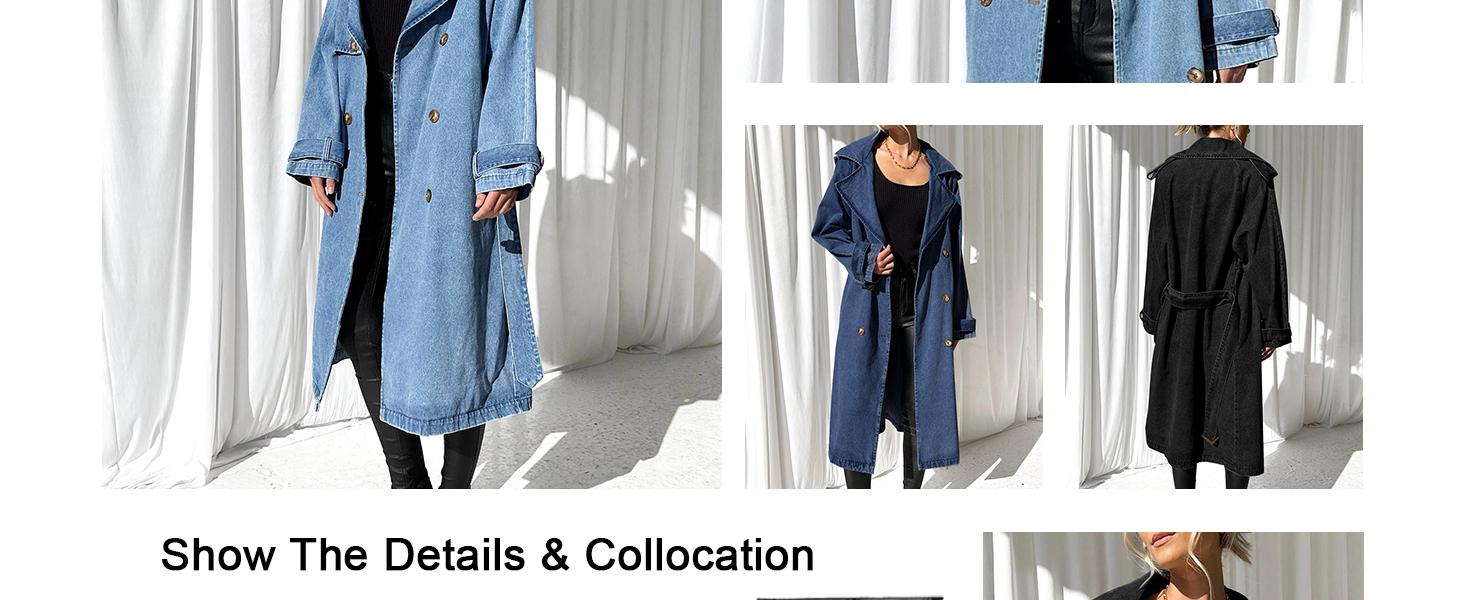 FMEYOA Women's Long Double Breasted Denim Jacket Oversized Button Down Maxi Jean Coat Classic Lapel Outercoat M8M483