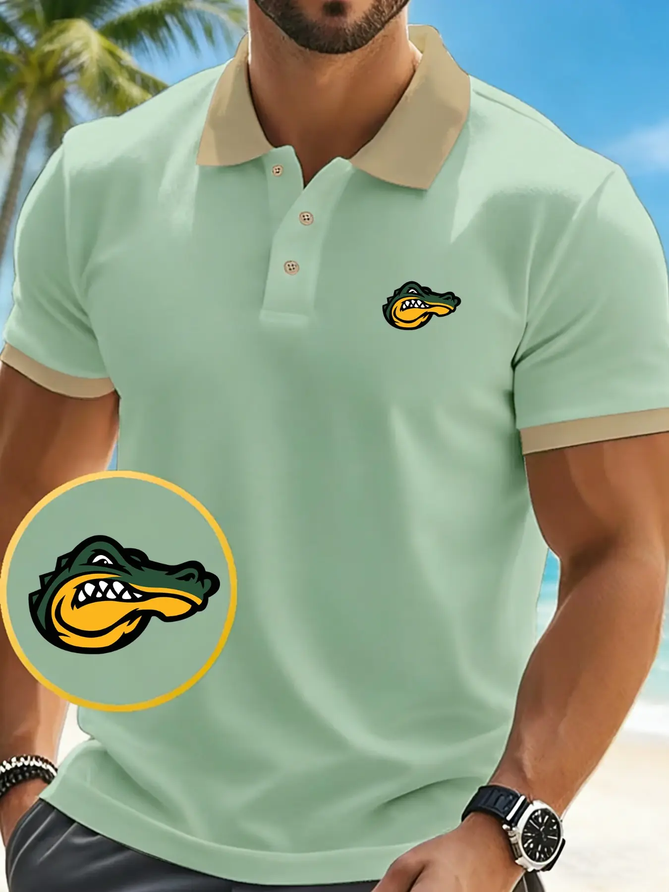 Men's Colorblock Collar Short Sleeve Polo Shirt, Cartoon Alligator Logo, Breathable Summer Beach Golf Casual Top, Slim-Fitting