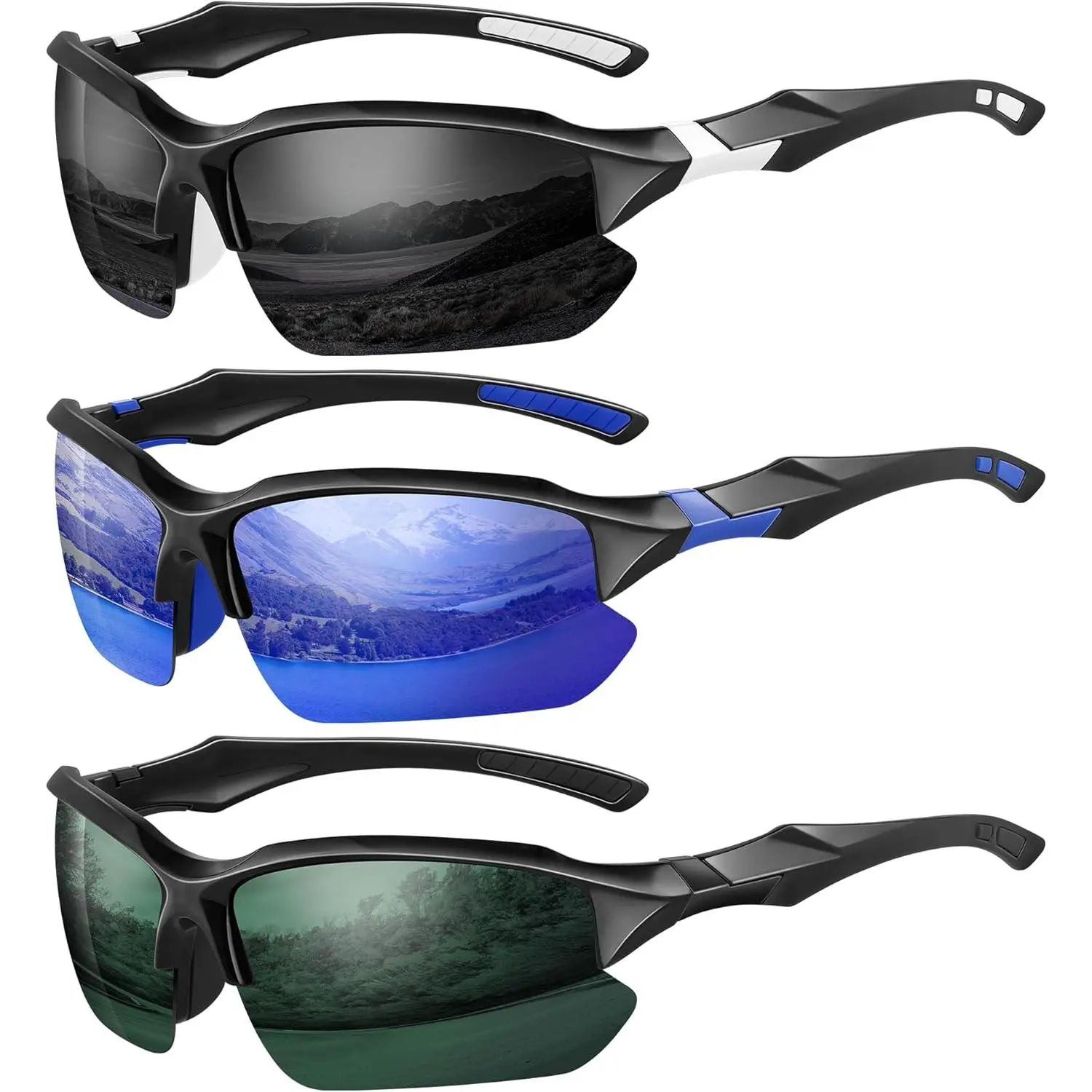 3-Pack Male Polarized Lenses Sports Sunglasses, UV Protection Lens Half-Frame, Comfortable for Multi-Sports Outdoor Sports Running Cycling, Half Frame Glasses, A04 Black White/Black+Orange Red/Red Mirror+Black, Fast Shipping, Reliable Service, Easy Suppor
