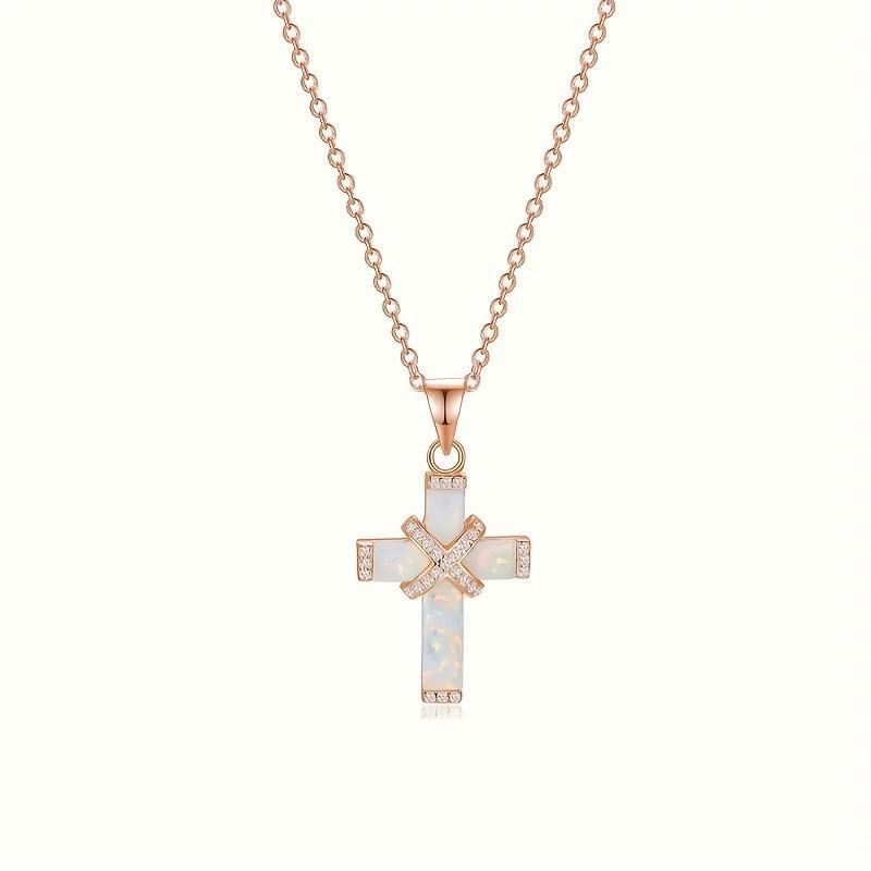 Luxury White Cross Necklace with Opal & Rhinestones, Exquisite Gift Box, Women's Daily & Holiday Jewelry, Ideal Birthday Gift