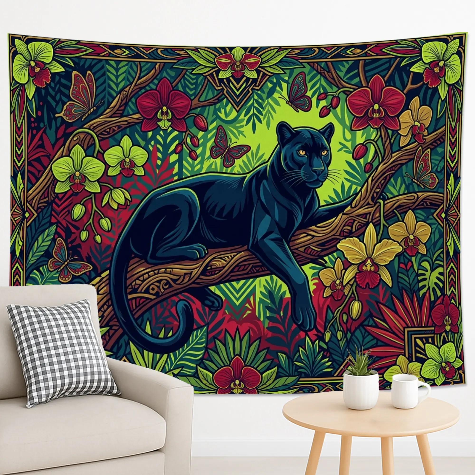 1PC Black Panther Orchid Jungle Tapestry, Tropical Vintage Illustration Style, Animal Floral Border Print Design for Living Room Bedroom Game Room Wall Decor, Decorative Wall Hanging