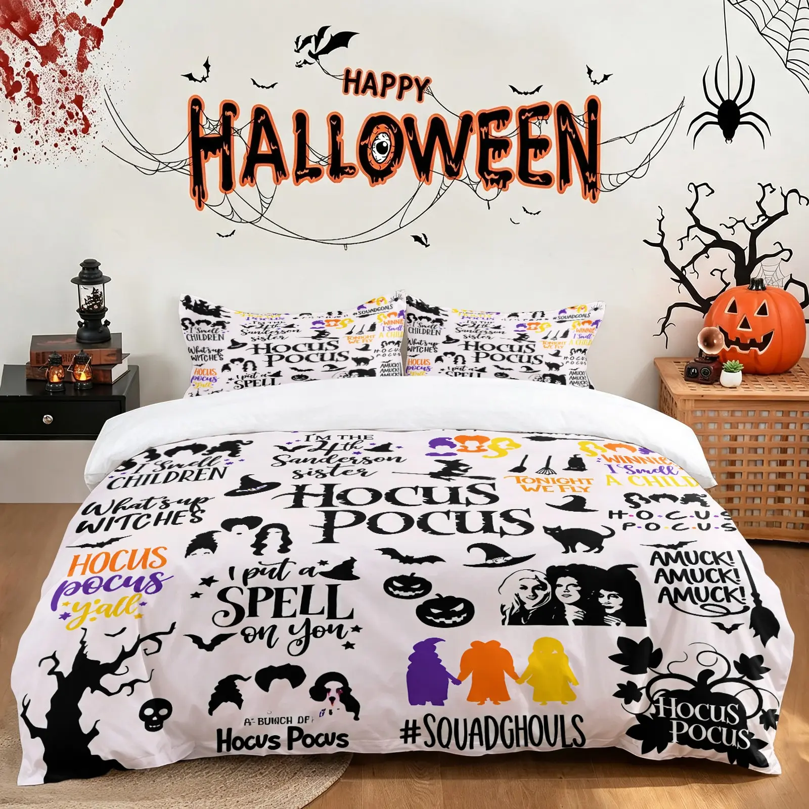 Hocus Pocus Print Duvet Cover Set, 1 Duvet + 1-2 Pillowcases, Three Witches Silhouette Witch Hat Broom Black Cat Bat Pattern, Soft Comfort Bedding for Halloween Decor or Moive Fans Bedroom Dorm Use