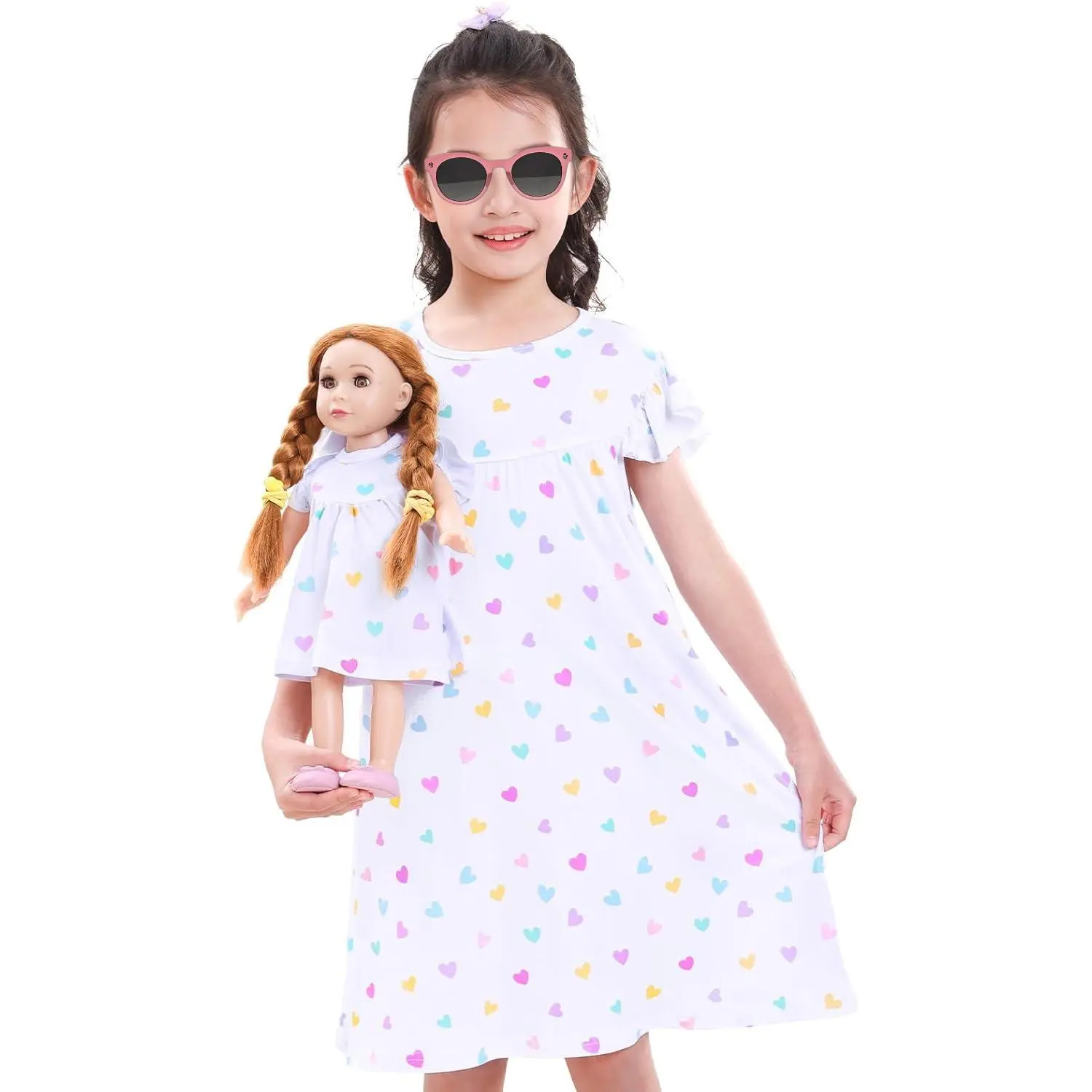 L-NG002 Girls' Matching Bedtime Wear Set - Soft Blend Floral Prints Sweet Look Doll Clothing & Nightgown Pajamas for Kids & 18" American Girl Dolls, Cute Prints, Highly Elastic Fabric, Machine Washable, Home Wear