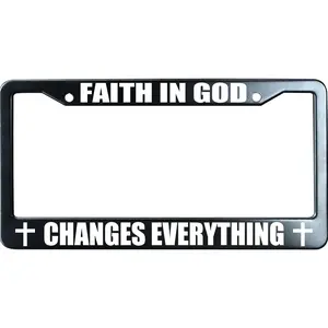 Faith in God Changes Everything License Plate Frame - Cute Black Metal White Cross Pattern Aluminum Car Tag Holder, Religious Christian Blessings Inspirational Auto Exterior Decor Gift Fits US Standard 12x6 Inch 1 Pack