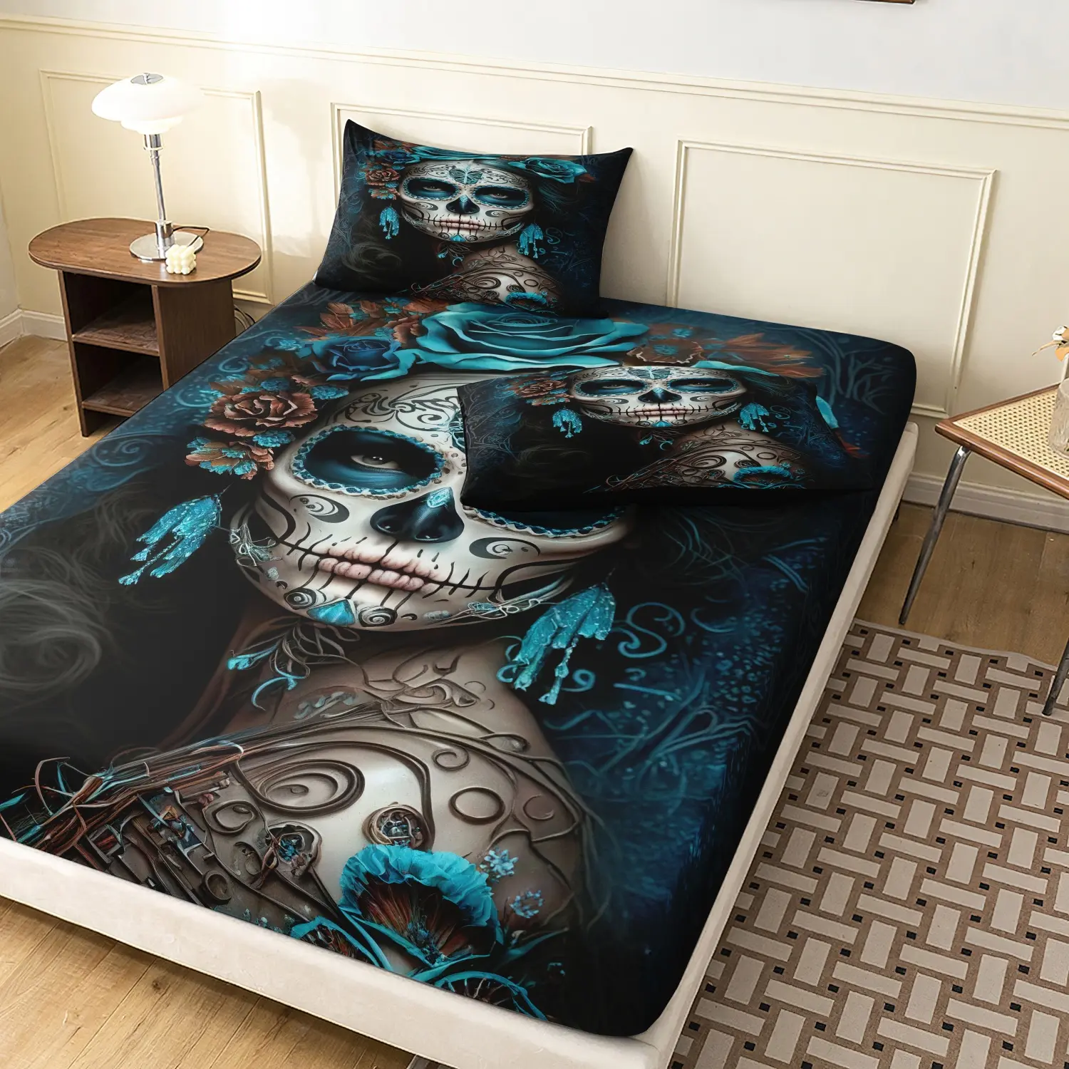 3Pcs Gothic Sugar Skull Teal Rose Fitted Sheet Set, Skull Floral Bed Sheet, Bed Sheet Sets, Deep Pocket Fitted Sheet & Mattress Protector, For Family Dormitory Hotel Bedding Thick Mattress, Machine Washable For All Bed Sizes ( No Pillow)