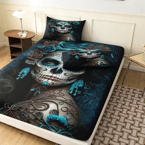 3Pcs Gothic Sugar Skull Teal Rose Fitted Sheet Set, Skull Floral Bed Sheet, Bed Sheet Sets, Deep Pocket Fitted Sheet & Mattress Protector, For Family Dormitory Hotel Bedding Thick Mattress, Machine Washable For All Bed Sizes ( No Pillow)