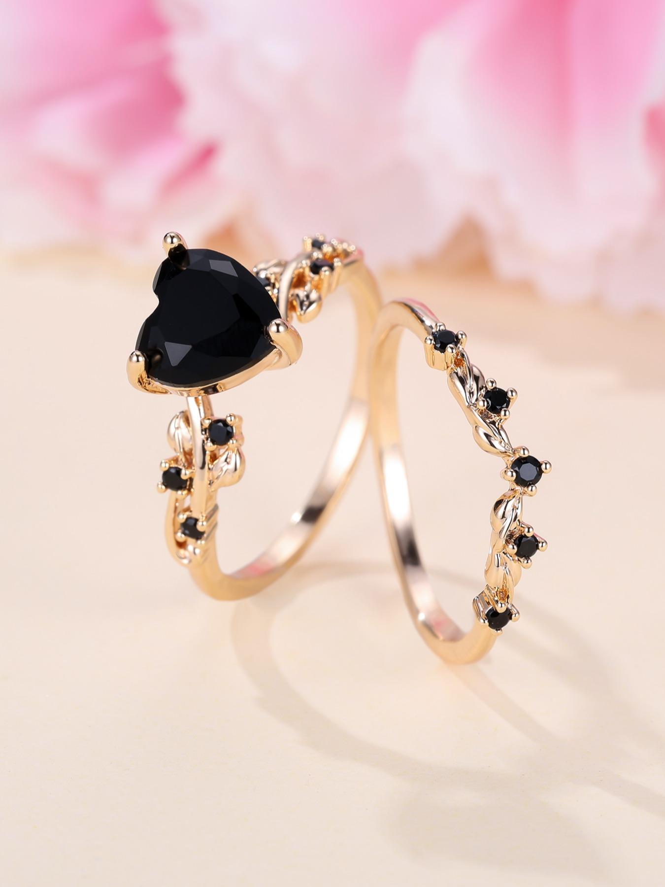 2pcs/set Women's Elegant Artificial Gemstone Decorated Heart Design Ring, Fashion Jewelry For Women & Girls, All-match Accessory, Heart Cluster Ring