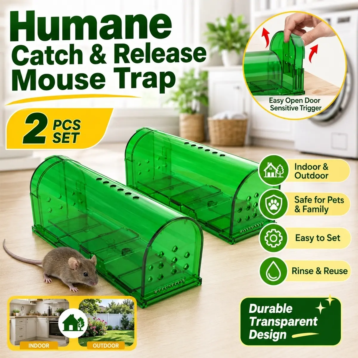 2pcs Humane Mouse Traps No Kill, Transparent Catch and Release, Reusable Rodent Capture Box, Pest Control for Home and Garden