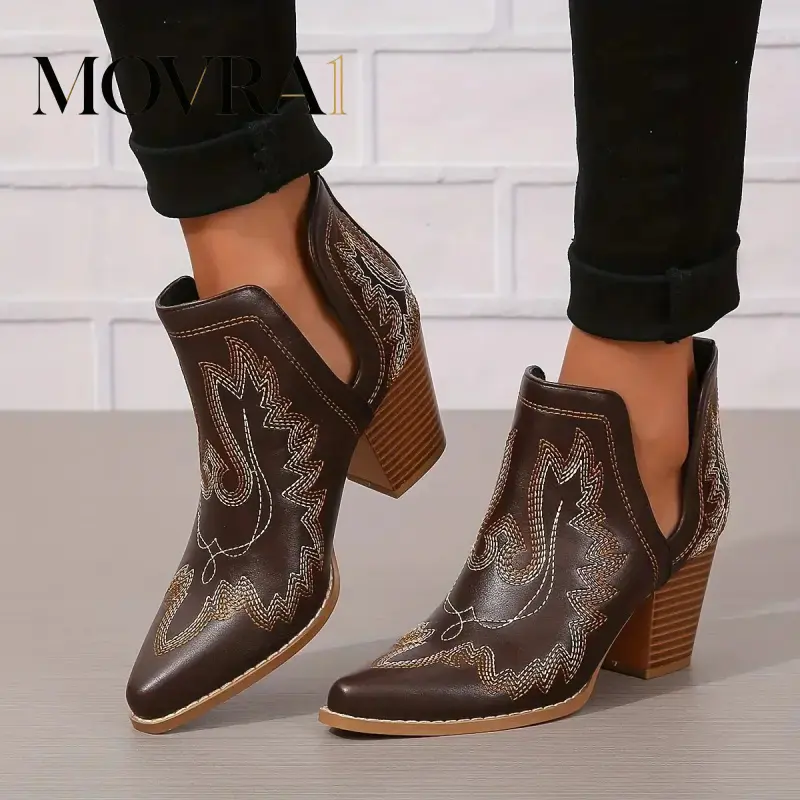 MOVRA1 Women's Fashionable Chunky Heel Ankle Boots - Pointed Toe Heels, Retro Embroidery, Western Flair, V-cut Short Female Shoes with Man-made Rubber Sole
