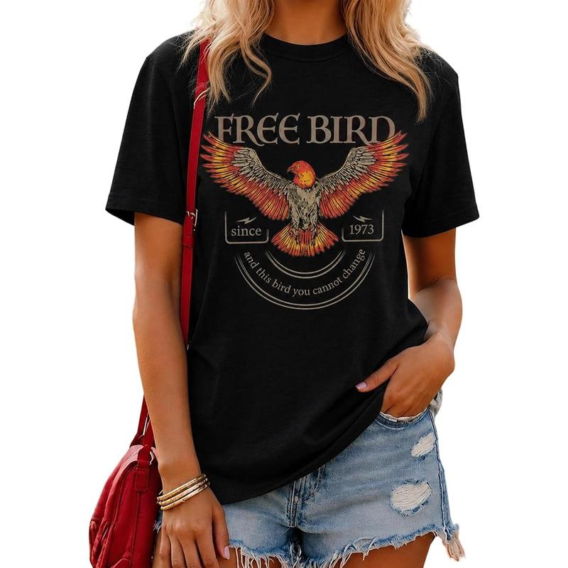 Women's Short Sleeve Crewneck Graphic Tees - Free Bird Vintage Rock Streetwear, Foldable Concert Clothing, Casual Summer Tops