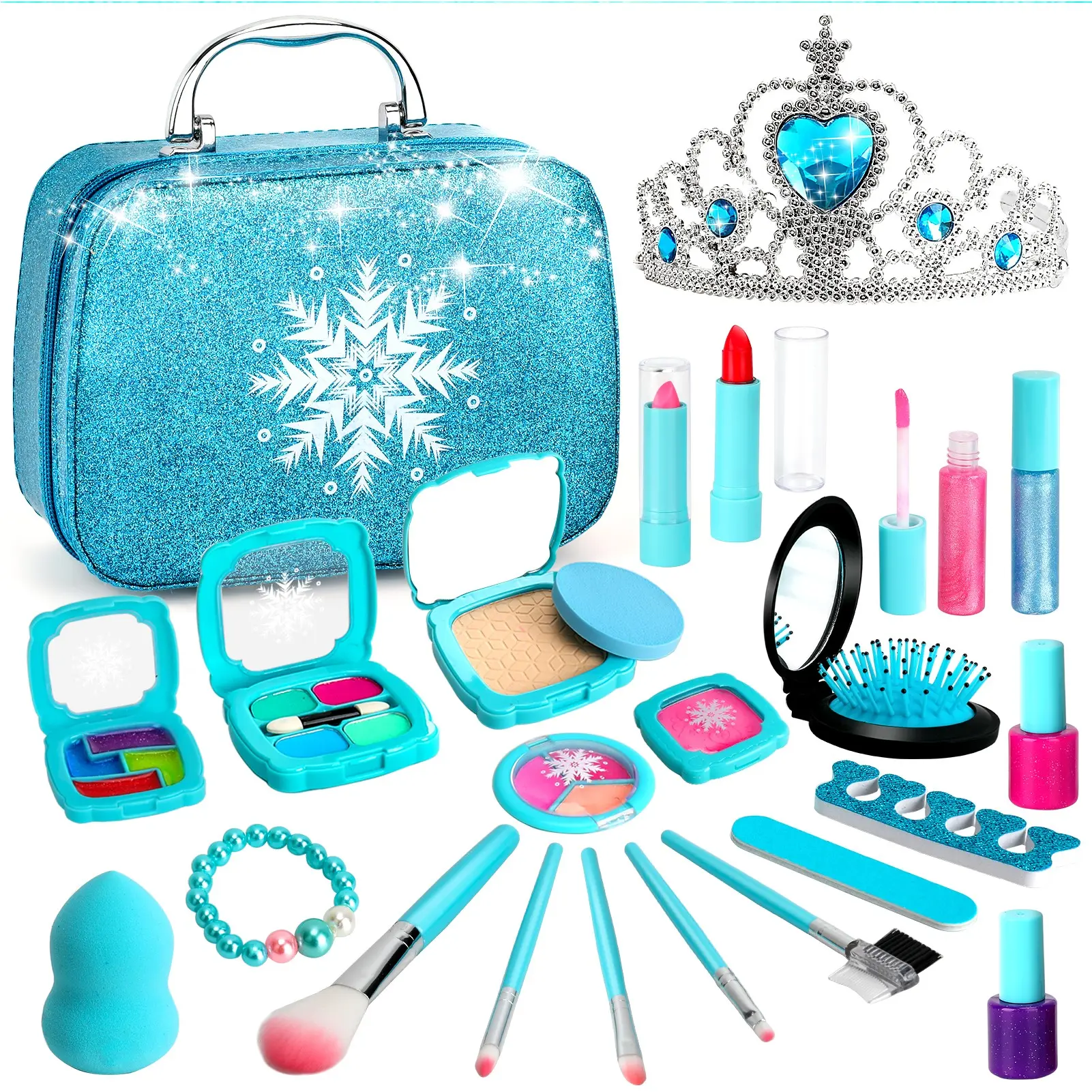 25 PCS Frozen Kids Makeup Set with Princess Crown, Blue Safe Non-Toxic Washable Real Cosmetic Toy for Little Princess, Pretend Play Beauty Roleplay Toys, Best Christmas Birthday Toy Bundles Gift for Girls Ages 3 4 5 6 7 8 9 10 11 12