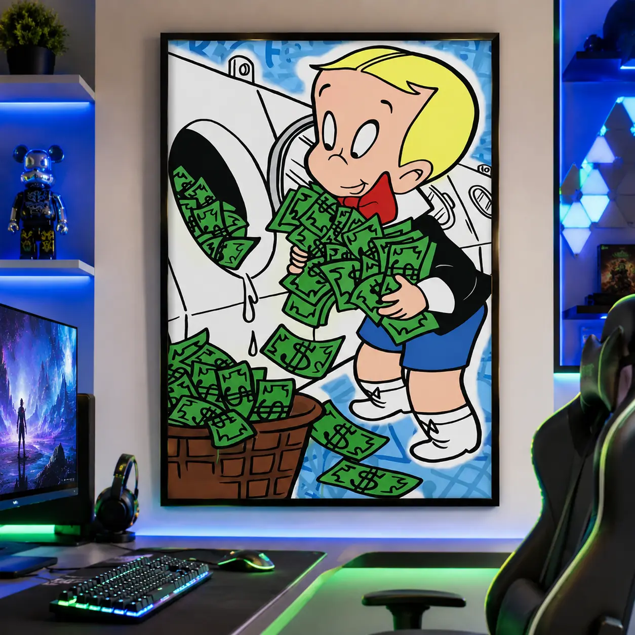 Framed Monopoly Richie Rich Money Abstract Canvas Wall Art Decor - Luxury Cash Posters & Prints for Living Room Office Home Decor, Locked Kids' Electronic Piggy Bank Gift