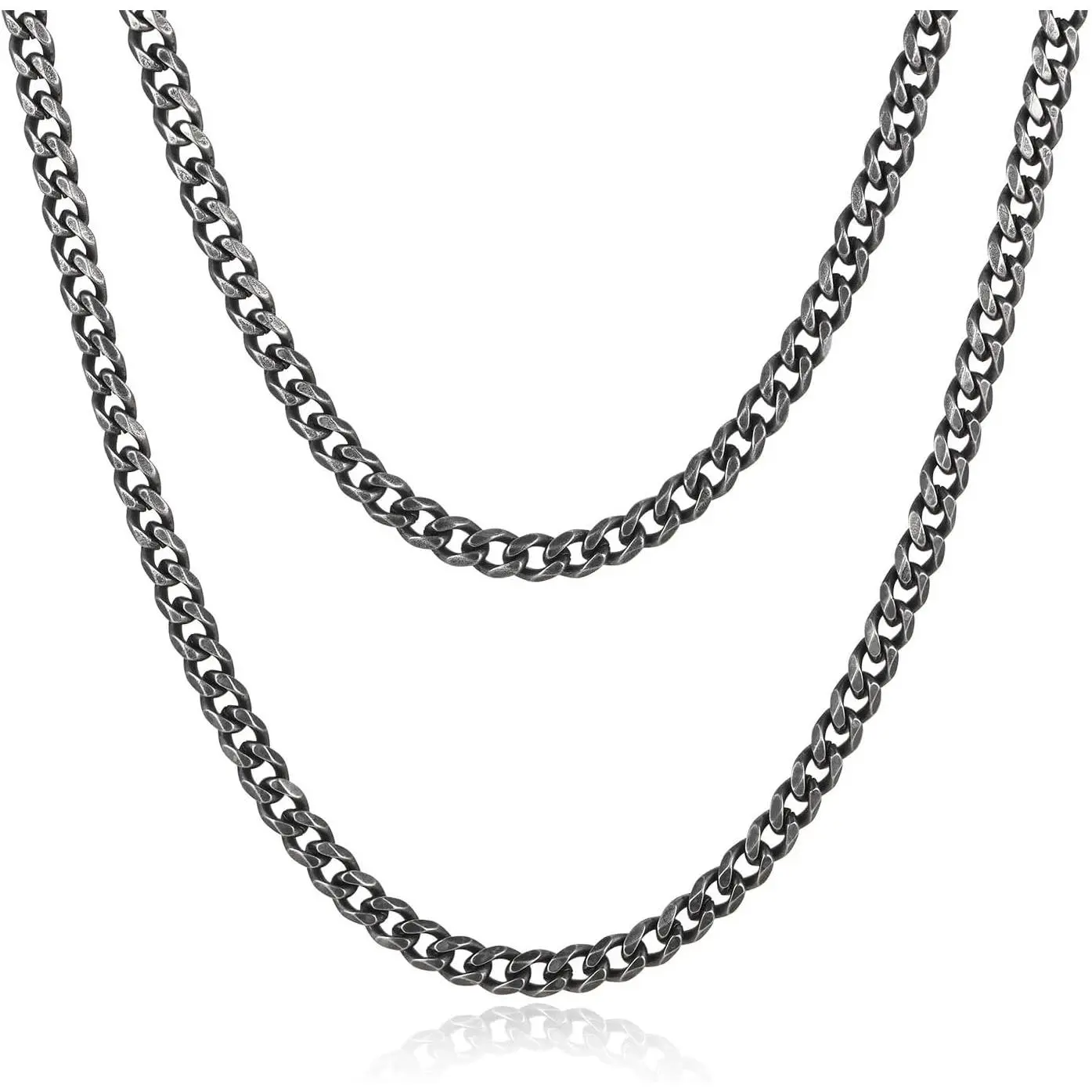 Silver Grey 5/7 MM Cuban Chain Necklace for Men,Cool Mens Antique Dark Silver Grey Stainless Steel Link Necklaces Antique Dark Silver Grey Jewelry Gifts