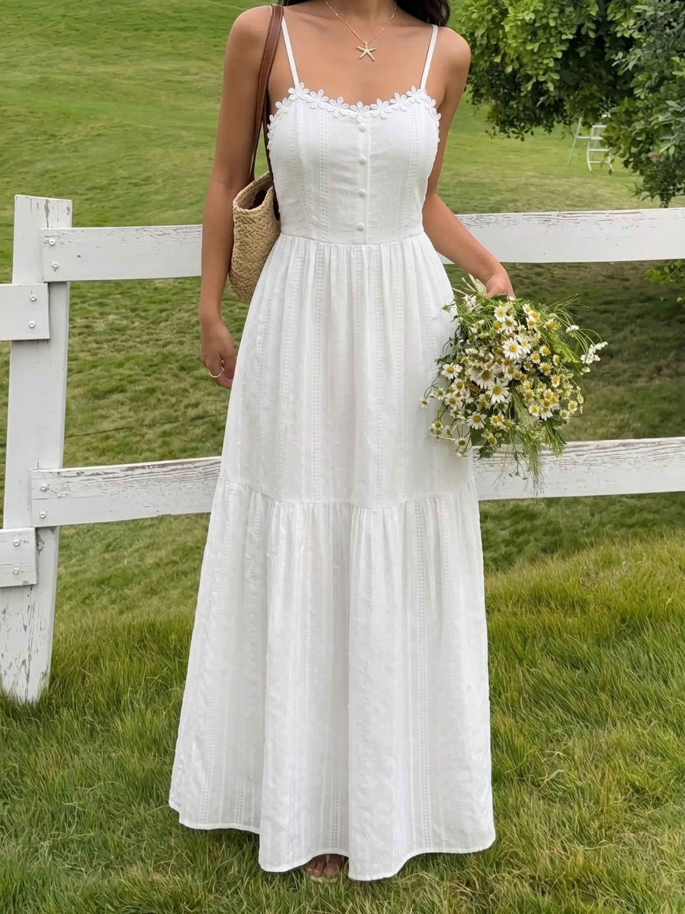Women White Dotted Jacquard Tiered Maxi Sundress, Daisy Lace Trim Square Neck Adjustable Spaghetti Strap, Light Breathable Woven Fabric, Cottagecore Lawn Picnic & Seaside Resort, Casual Boho Chic Sundress