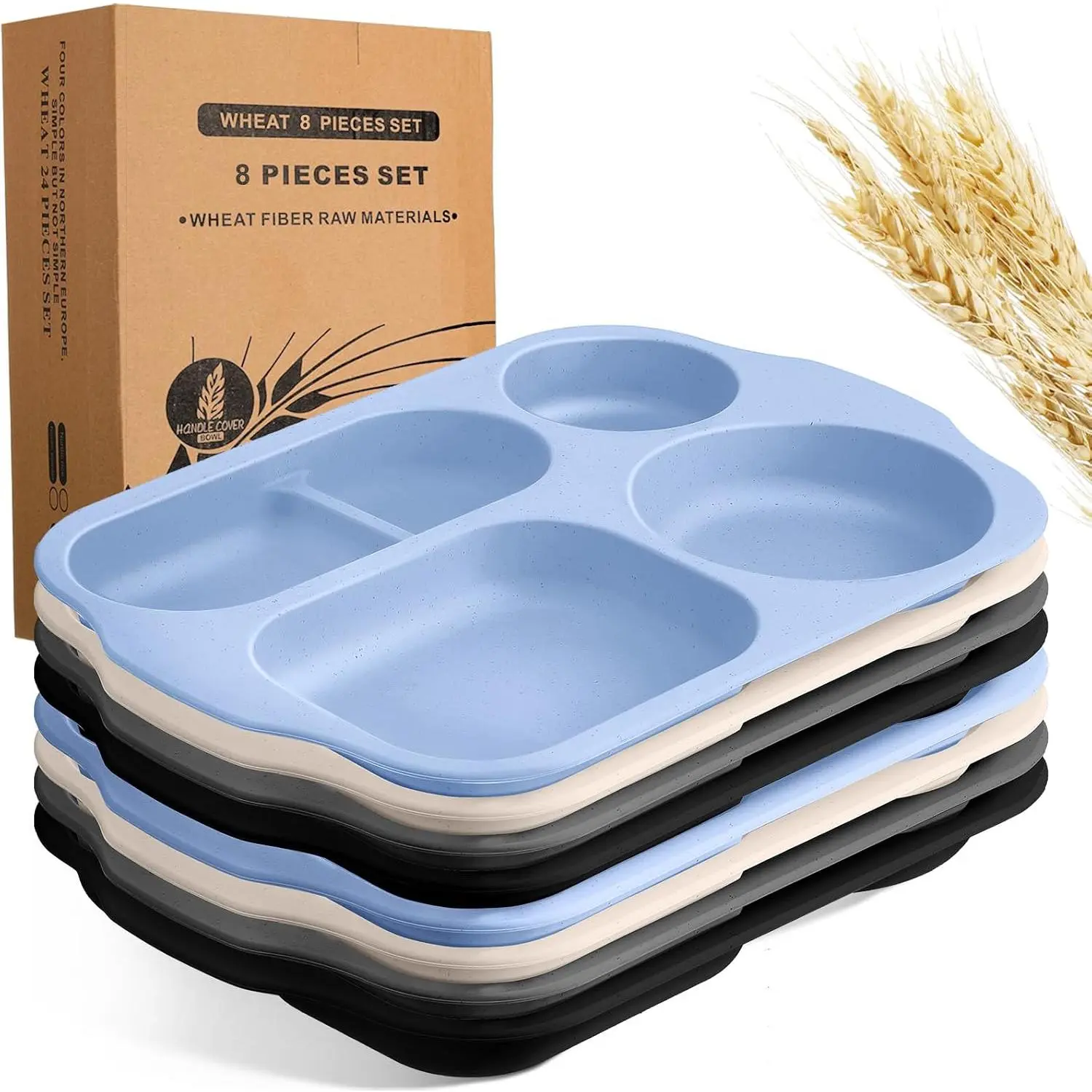 8 count Large 12 Inch Unbreakable Divided Plates for  Adults - Wheat Straw Tray - Microwave Dishwasher Safe -  Plastic Compartment Plates(Black, Dark Gray, Blue, Beige)