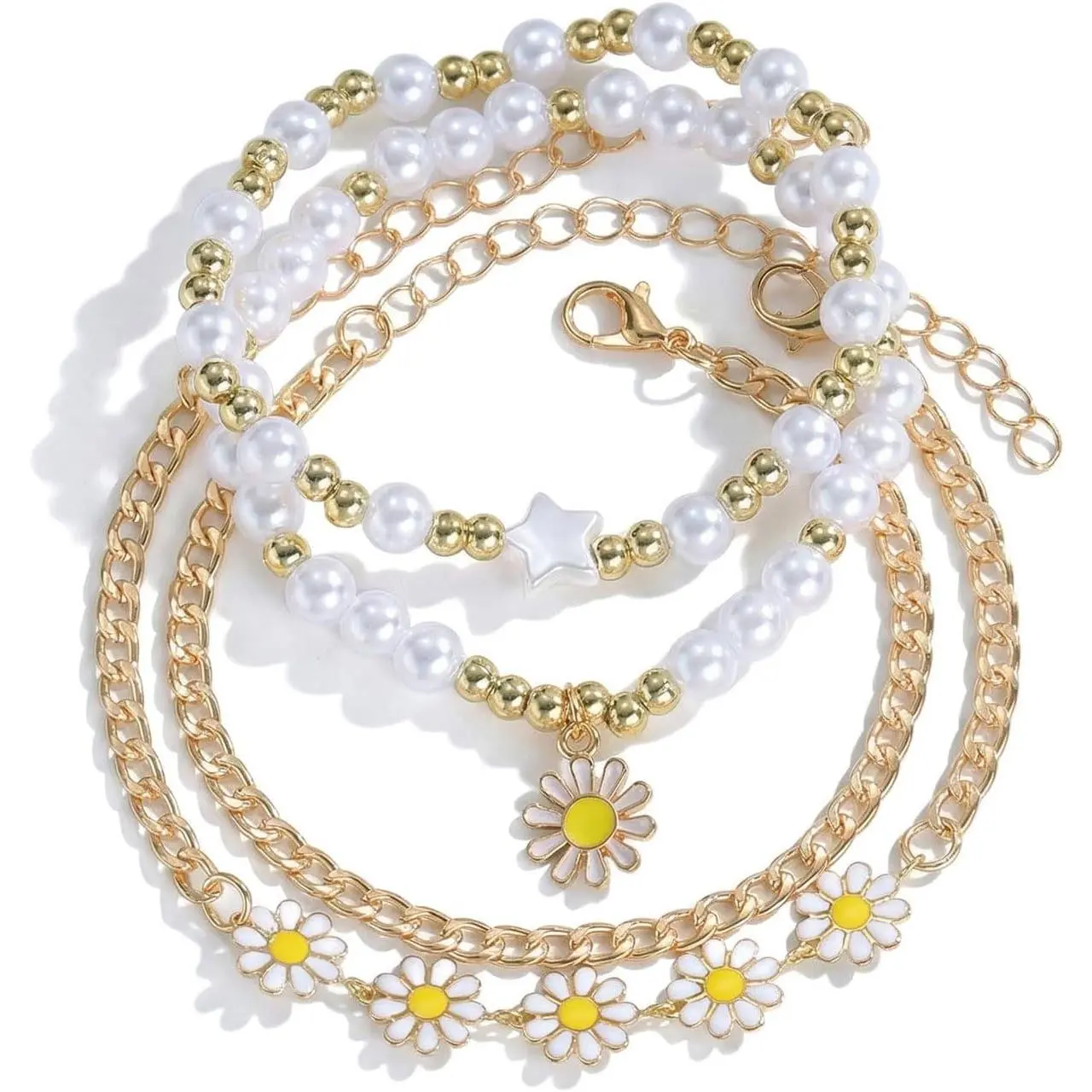Daisy Bracelet Set for Women White  Stretch Beaded Bracelets Layered Daisy Strand Bracelet summer Boho Bracelets  Set