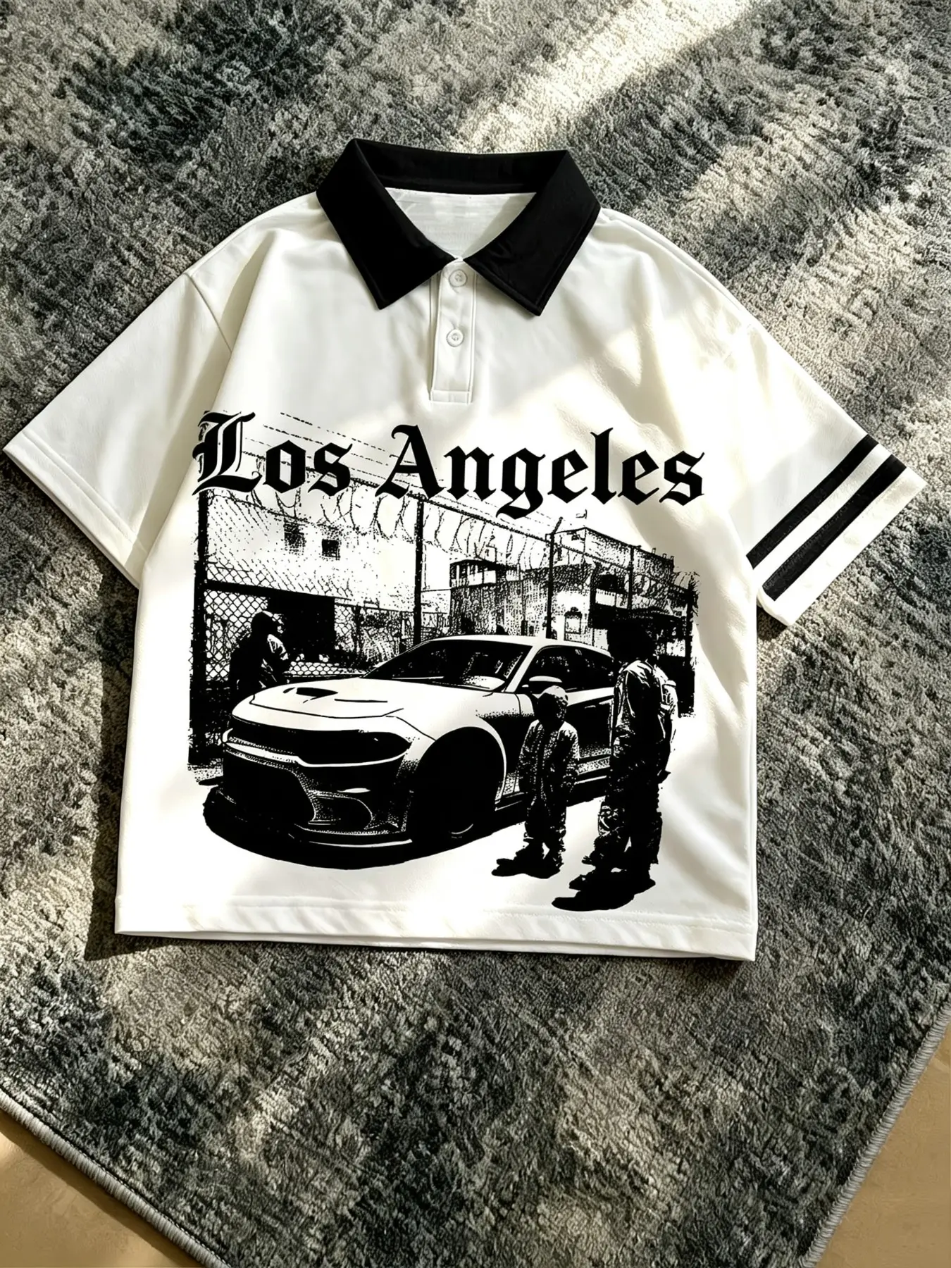 Los Angeles Gothic Graphic Polo Shirt | Y2K Vintage Car Print Contrast Collar Tees | Men’s Streetwear Oversized Hip Hop Casual Top with Striped Sleeve