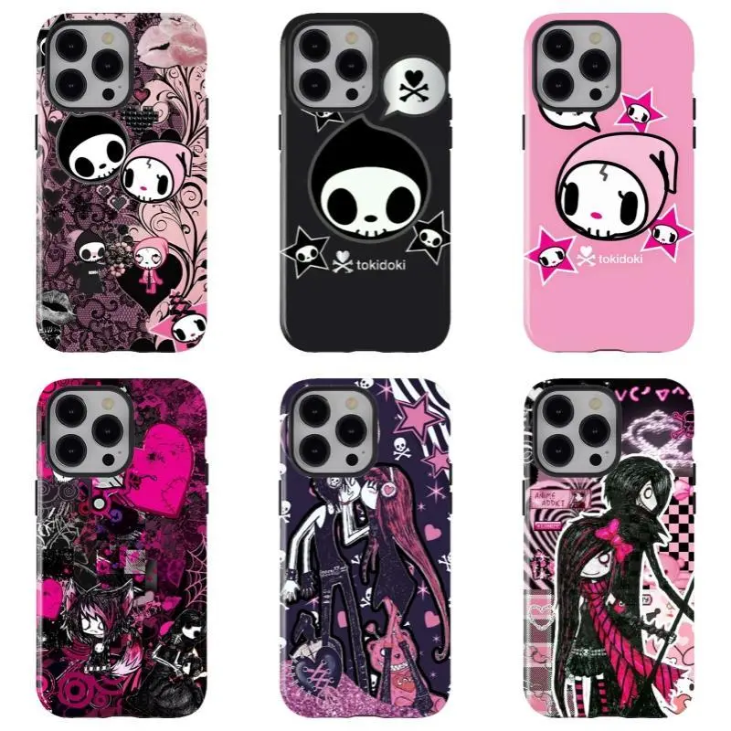 Tokidoki Adios & Ciao Ciao Skull Couple Phone Case, Y2K Dark and Sweet Pink and Black Style, Shockproof Cover, Trendy Brand Fan Gift for iPhone 16/15/14/13/12/11/17 ProMax Plus for Samsung phones, suitable for both men and women,  Perfect Gift for her, Ac