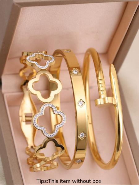 Women's Stainless Steel Bangle Bracelet Set, Chain & Flower Design Jewelry, Perfect Gift for Mom, Mother's Day, Birthday, Party Wear