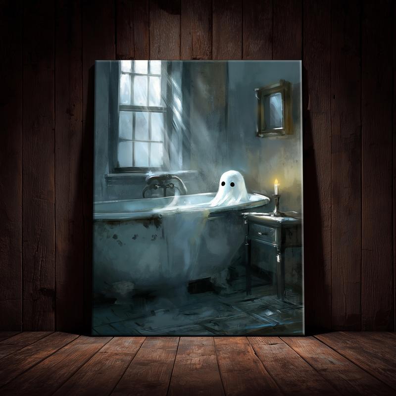 Ghost in The Bathtub Pattern Canvas Painting Framed, 1 Count Halloween Themed Modern Wall Art Painting, Wall Art Decor for Home Living Room Bedroom Office