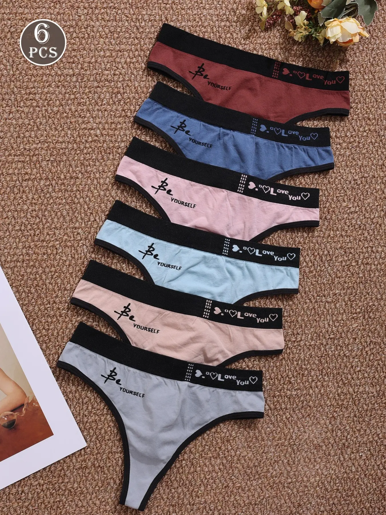 Women's 6-Pack Seamless Letter Print Thongs, Comfortable Slim-Fit Panties, All Seasons Casual Underwear, Plain Surface Design, Daily Casual Underwear