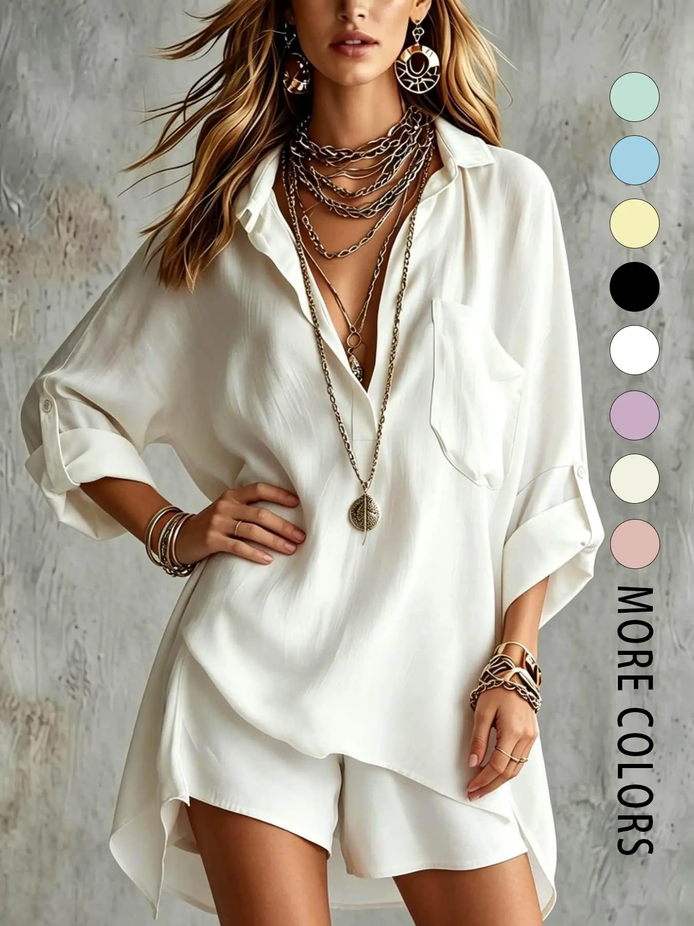 Two piece set clothes with a relaxed, lazy and casual vacation style, featuring a stylish design with a collared shirt and shorts. Suitable for summer vacations by the sea, bars, small gatherings, cafes, and art markets
