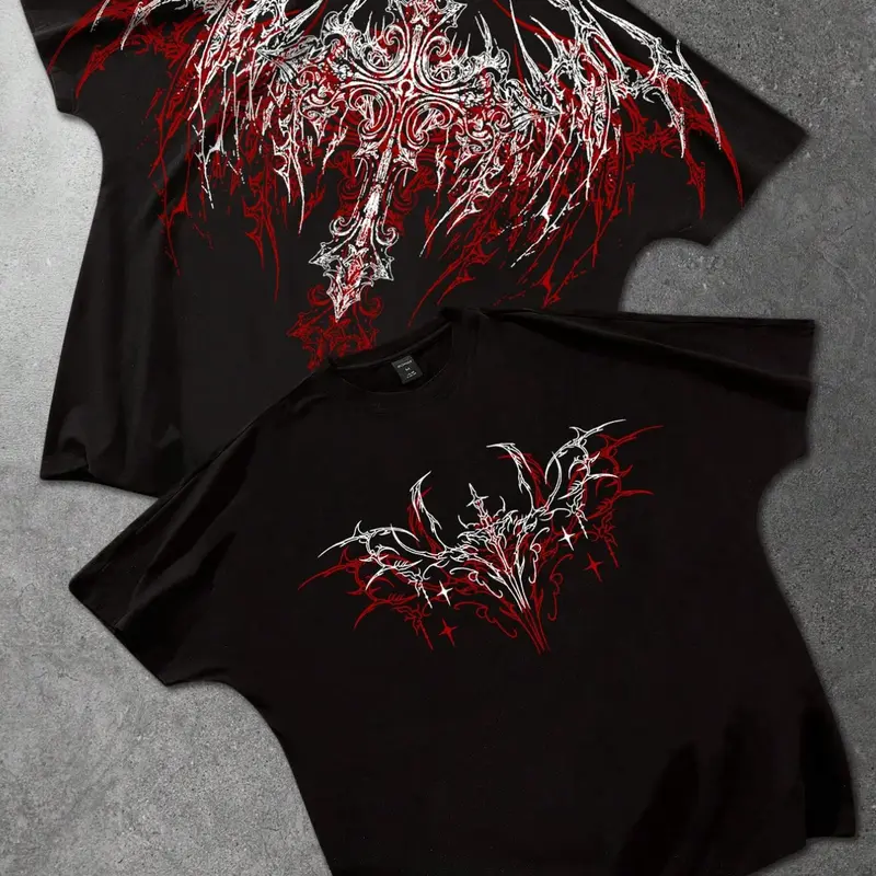 Men's Gothic Thorn Cross Print T-Shirt, Graphic T Shirts, Menswear, Loose Round Neck Short Sleeve, Streetwear Hip Hop Style, Retro Fashion, Gift Idea, Unisex Couples Wear