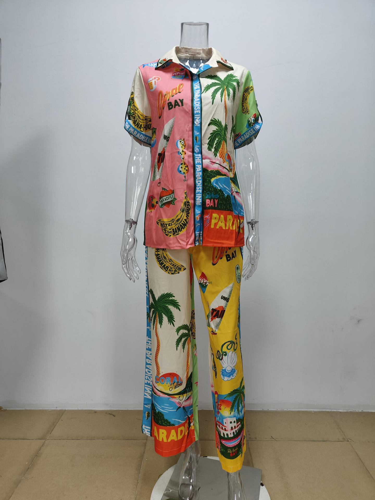 2026 Spring New Women's Clothing Set Printed Batwing Sleeve Waist-Cinching Wide-Leg Pants Set