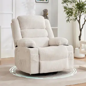 Modern Oversized Rocking Recliner Chair, 360 Degree Swivel Lounge Chair with Deep Seat & Breathable Linen, Comfortable Glider Rocker with Cup Holder & Side Pocket for Living Room Nursery Bedroom Home Office