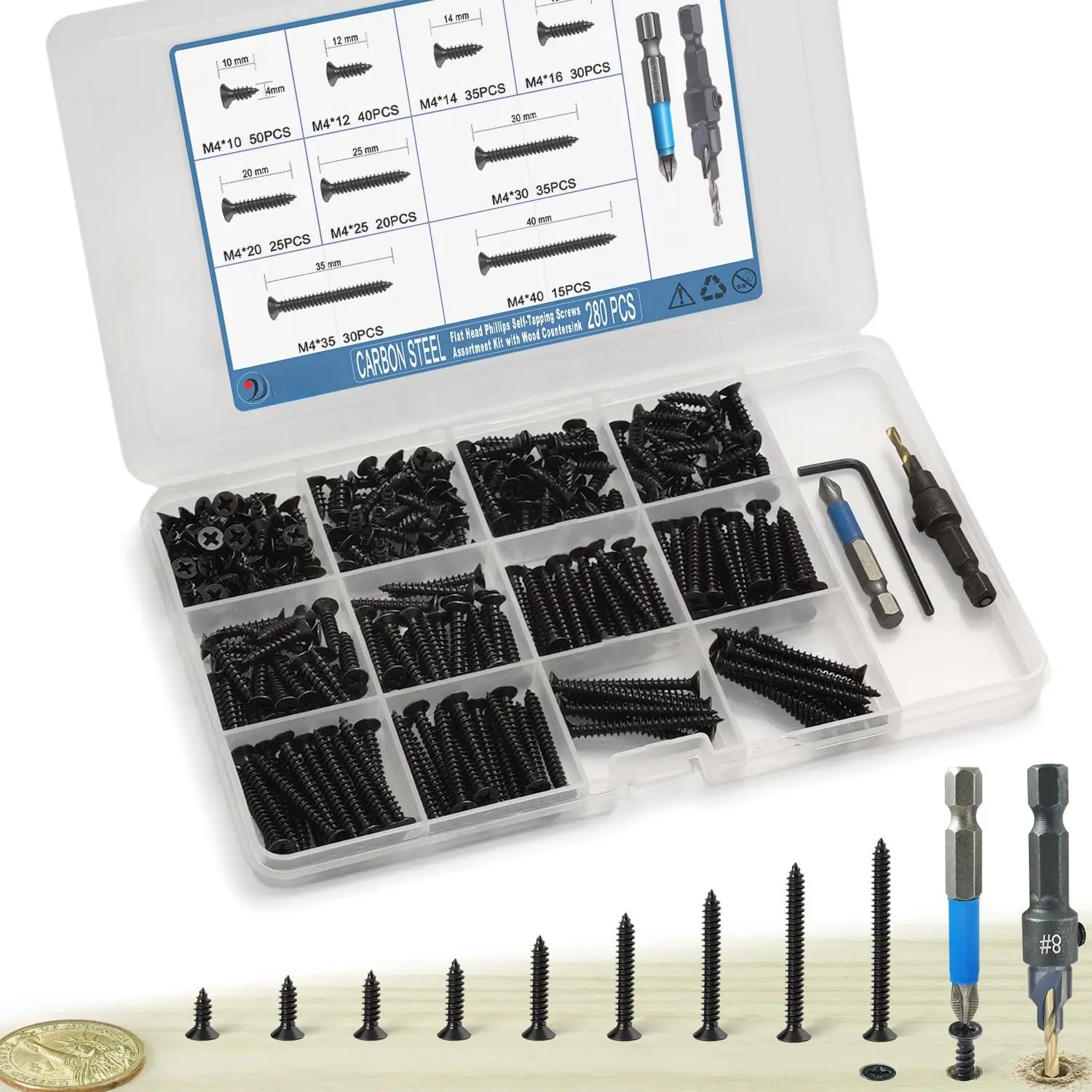 280 count Flat  Phillips  Screws  Kit, Carbon Steel Self-Tapping Screw with Adjustable  Countersink (CSQ235 M4)