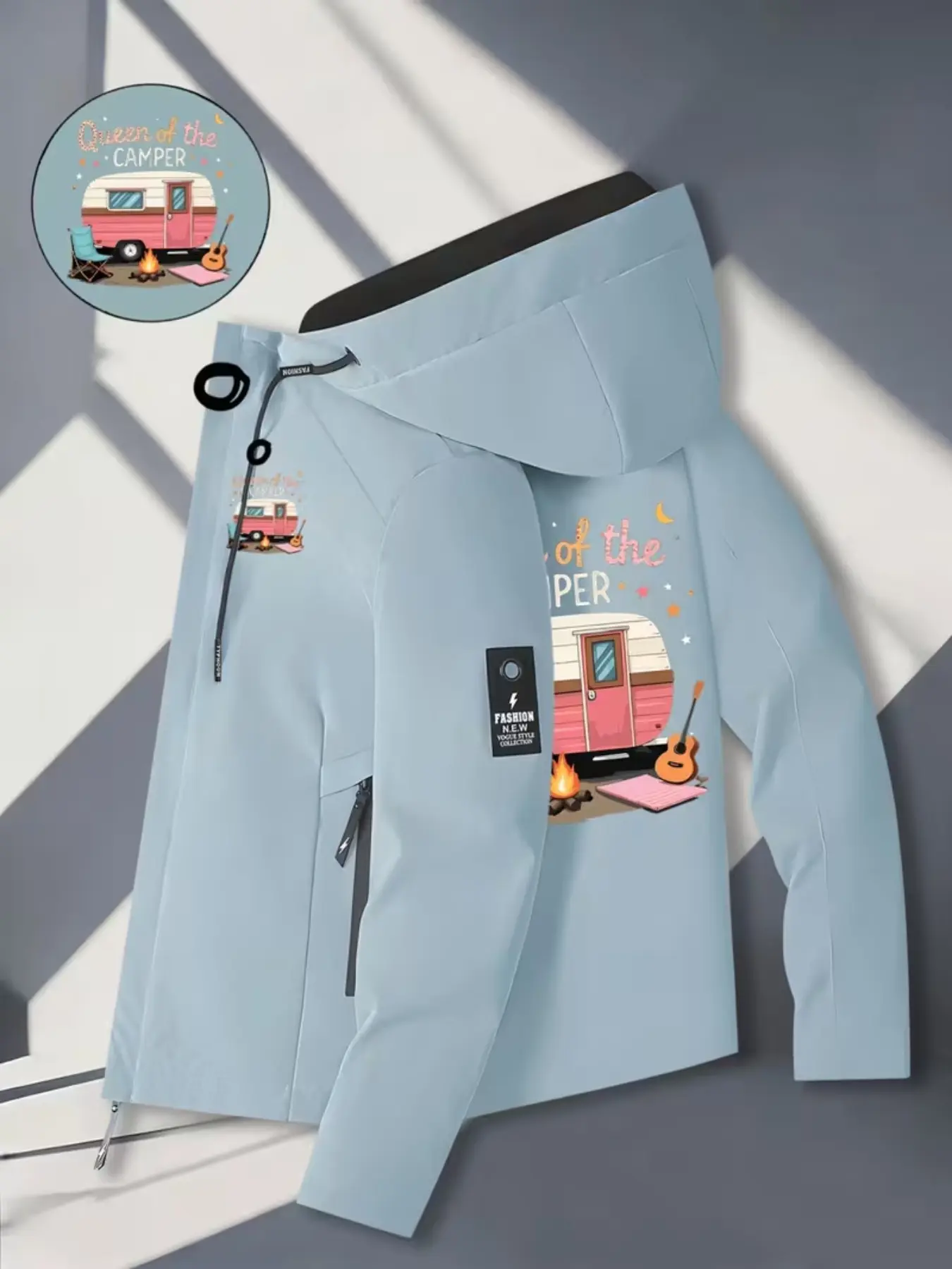 Women's Casual Sport Jacket, Queen of the Camper Camping Van Print, Long Sleeve Zip Pocket Hooded Coat, Lightweight Fashion Outerwear