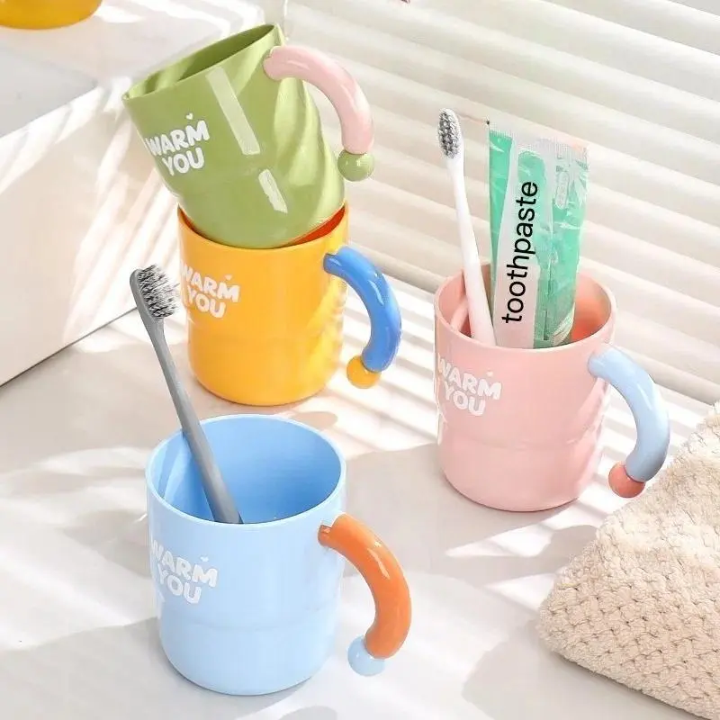 Ceramic Bathroom Tumbler Set with Multicolor Handles - Adult & Youth Tooth Brushing Mouthwash Cups with Holder for Dorm & Household Wash Supplies (Good Morning Themed)