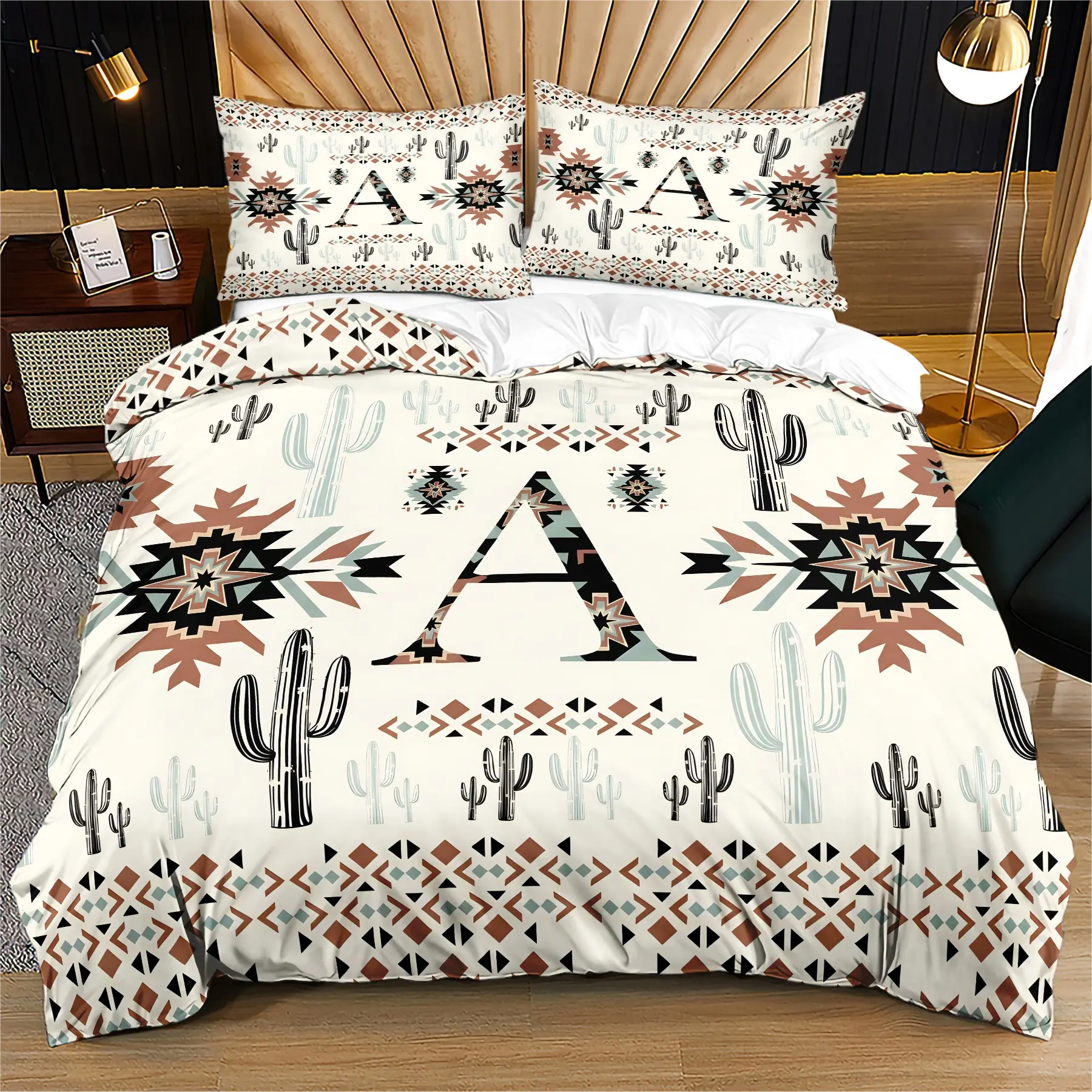 Boho Khaki Southwestern Aztec Duvet Cover Set, Vintage Rustic Western Cactus Bedding Set, Soft Microfiber 1 Duvet Cover & 1/2 Pillowcases No Filling, Southwest Style Comforter Cover for Adults Bedroom Decor
