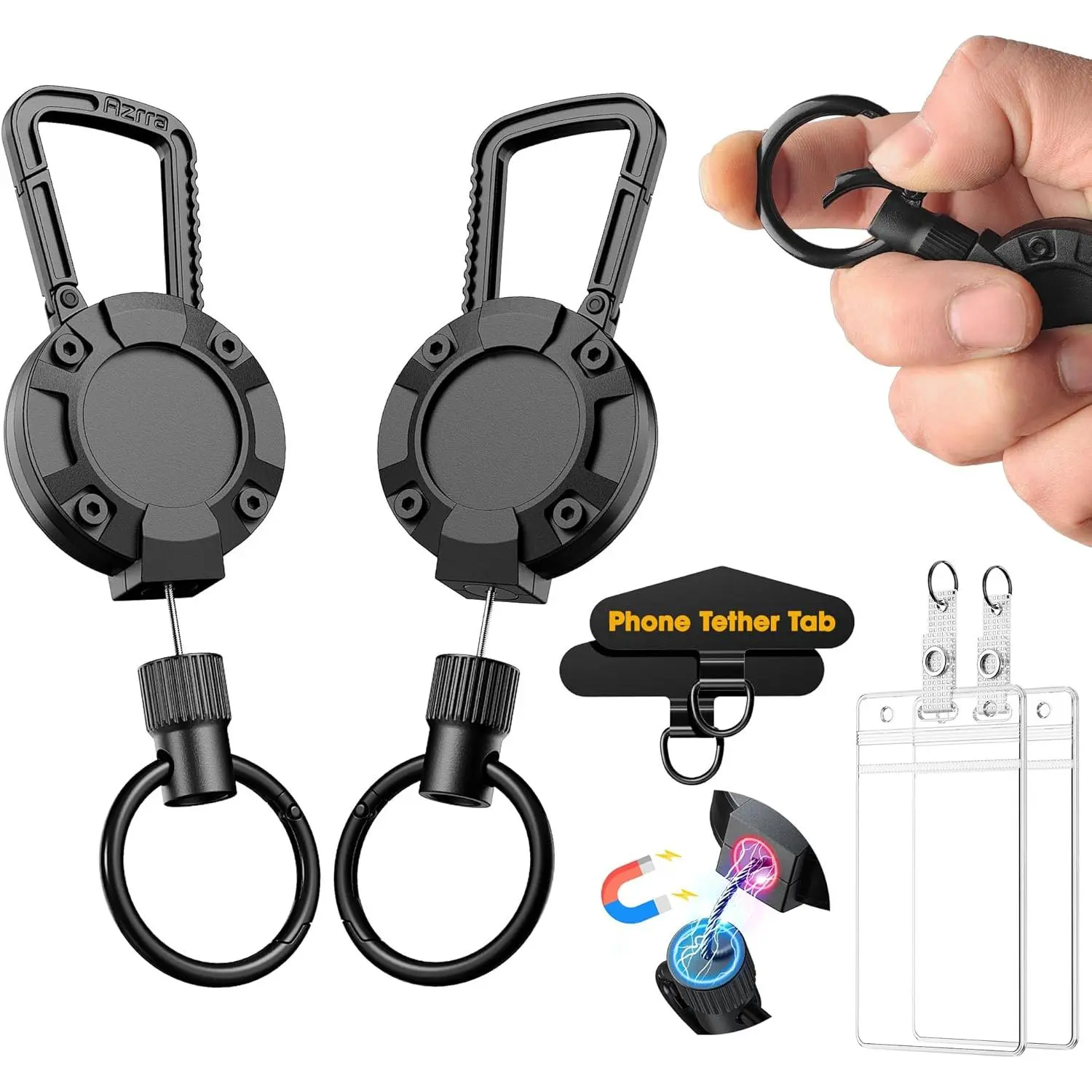 Retractable Keychain Badge Holder (2-Pack) - 24.4" Cord, 18oz Max Load, Phone Tether Tabs, ID-Compatible, Magnetic Close