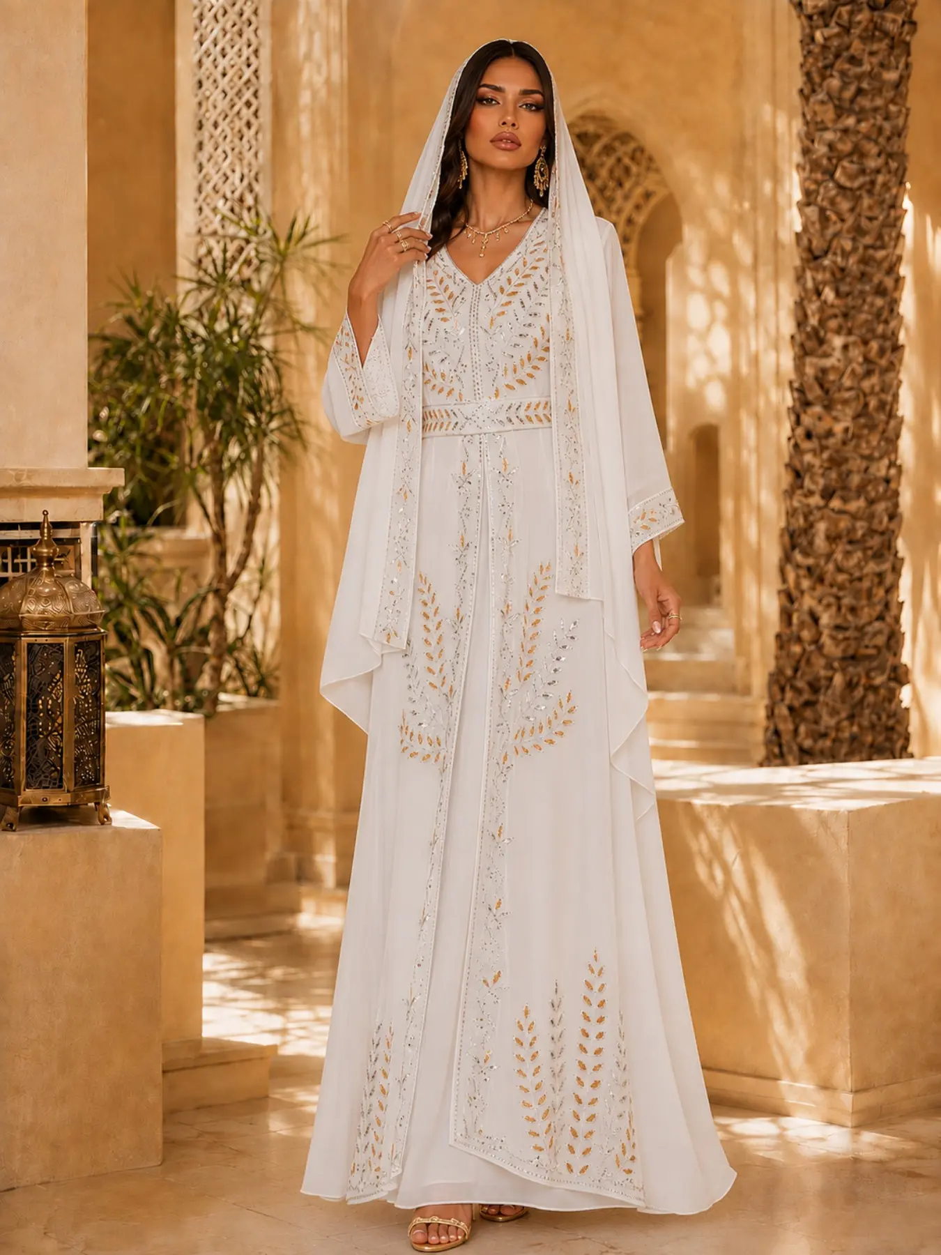 Luxurious Arab Long Robe with Embellished Crystals Two-Piece Headscarf Set Elegant Muslim Evening Dress for Special Occasions