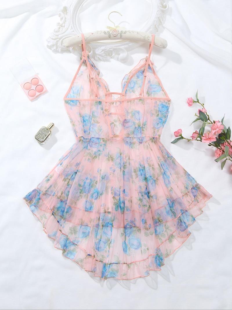 Plus Size Ditsy Floral Print Cut Out Frill Sheer High Low Ruffle Hem Sexy Cami Mesh Dress, Romantic Fashion Casual Sexy Outfits for Daily Outdoor Wear, Women's Plus Size Clothes for All Seasons