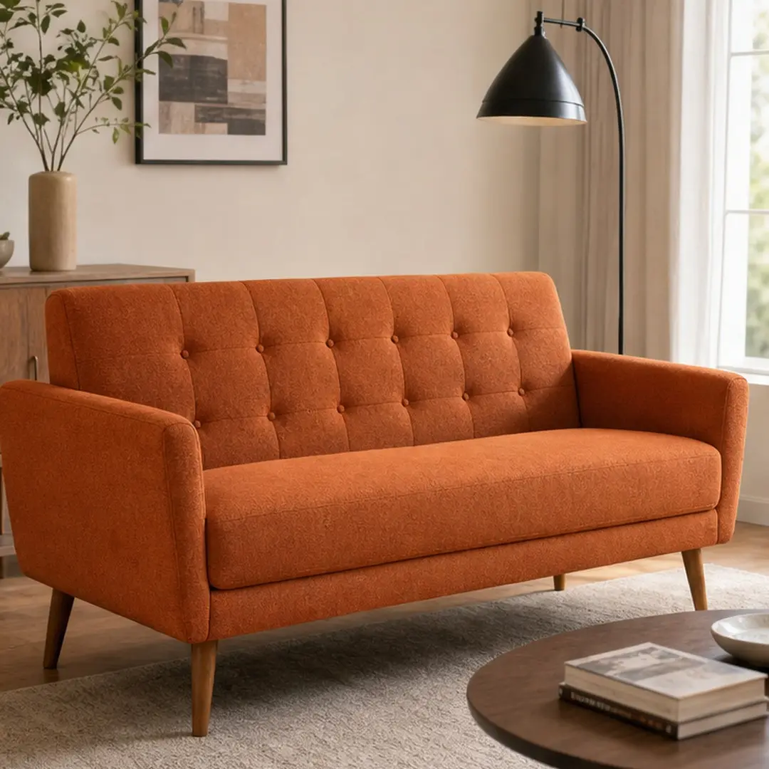 Burnt Orange Button-Tufted Mid-Century Modern 2-Seater Loveseat - 30.50" W x 67.25" D x 32.75" H, Smooth Upholstery, Waffle Stitch Backrest, Rubberwood Legs, 60.85 lb, Assembly Required, for Living Room/Foyer Indoor Furniture Sofa