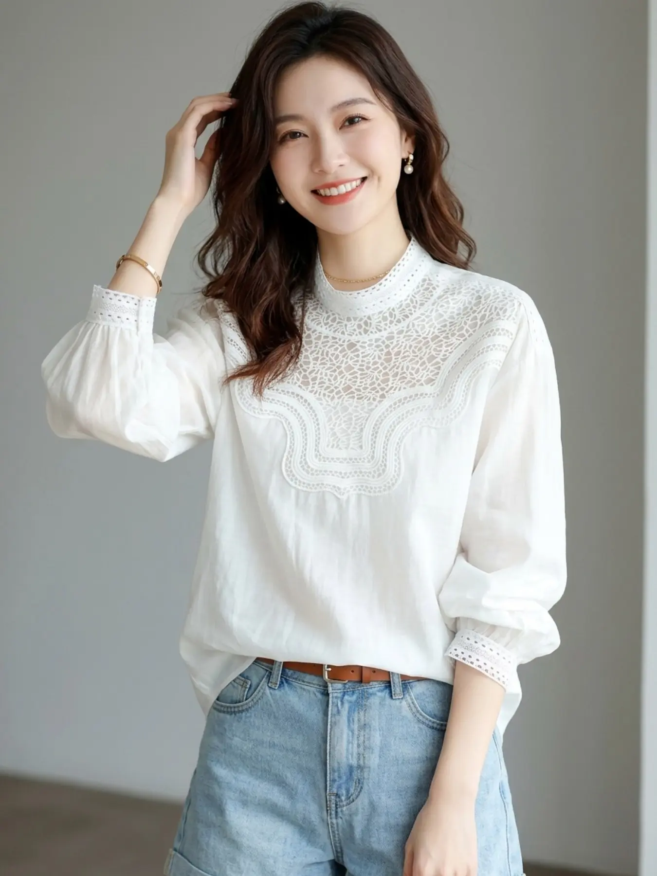 Elegant Stand Collar Shirt for Women, French Style Half Sleeve Top, Loose-Fitting Solid Pattern, Unlined Short Clothing
