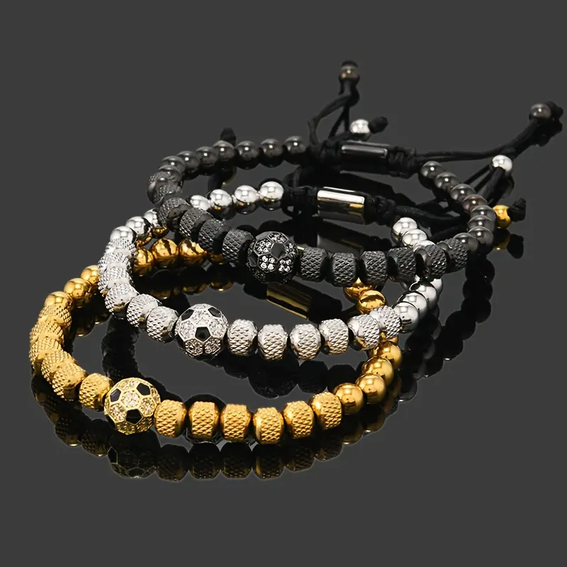 1pc Stainless Steel Beads Royal -Tone Football Charm Bracelet for Men - Adjustable Beaded Chain with Soccer Ball Pendant, Durable Casual Jewelry Gift for Christmas, Valentine’s Day, Mardi Gras & Year-Round Wear, Sports Fan Accessory, Sporty Design